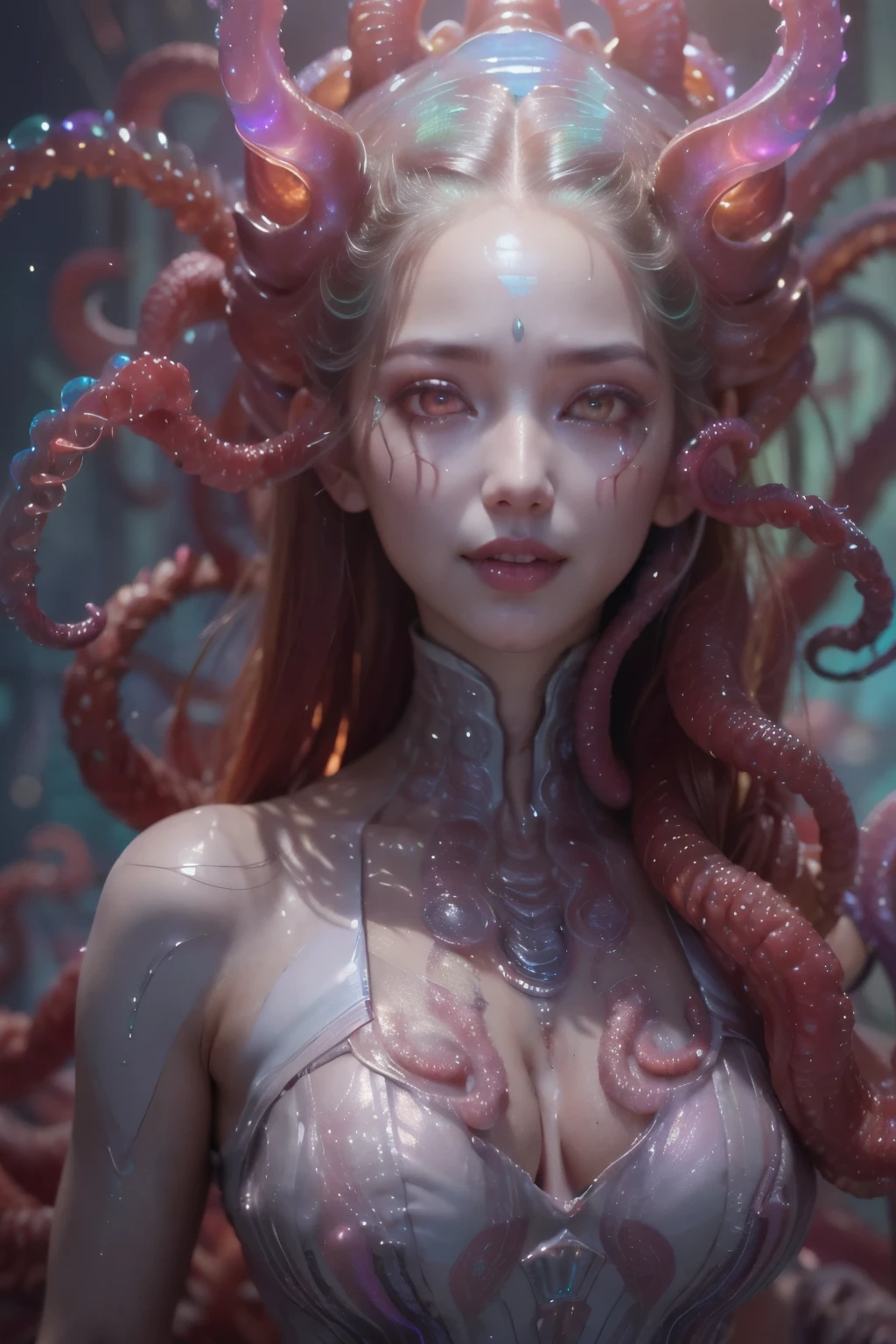 (1 beautiful and obscene female alien:1.4), (There is a female genital-like organ in the middle of her forehead:1.95), SHe has medusa-like hair, (there are lots of translucent tentacles from her head like her hair:1.8), (vulgarity1.7), (she is looking at viewers with glowing red eyes with no pupils:1.8), (She has translucent pale skin:1.7),(She has the most beautiful face in the history of the universe:1.2), (She has multiple bioluminescent organs on the side of her tentacles:1.4), (Her body is covered with an iridescent exoskeleton:1.6), (She is showing her arm pits:1.4), an evil gaze that seduces, (large mouth:1.1), (sharp teeth like a vampire:1.2), Full body portrait, (bio luminescent:1.5), (Smile wickedly:1.3), (sexypose:1.5), alien, No humans, cells are fused, extraterrestrial, cell, bio image, masterpiece, ultra high resolution, (photos realistic:1.7), scary and sexy detailed art in color, best quality, 8K,In 4K_quality, High freshness, Dramatic Lighting, cinematic quality, (exquisite details:1.2), High freshness, drawing faithfully, (Thick eyebrows:1.2), Beautiful eyes with fine symmetry,(Highly detailed face and eyes:1.2),(Super detailed skin quality feeling:1.4), perfect anatomy, (Beautiful toned body:1.5), (Moist skin:1.2), not wearing makeup, (dark circles:1.1), long canines, cinematic drawing of characters, cinematic quality, (exquisite details:1.2), high resolution, High freshness, drawing faithfully, official art, Unity 8K Wall paper, ultra detailed artistic photography, midnight aura, unreal engine 5, Ultra Sharp Focus, art by Amano Yoshitaka, ArtGerm, Roisch, intricate artwork,ultra realistic realism, dream-like, Creation of fantasy, dream Snail, (biopunk nautilus:1.3),Thrilling color schemes, seductively smiling, Amazing mutation, well-proportioned body, goddess of the deep sea, fractal, Geometric pattern, impossible figures,(asymmetry:1.4), (white tentacles with blue stripes:1.4), subtle emerald green accents, (expression of ecstasy:1.6)