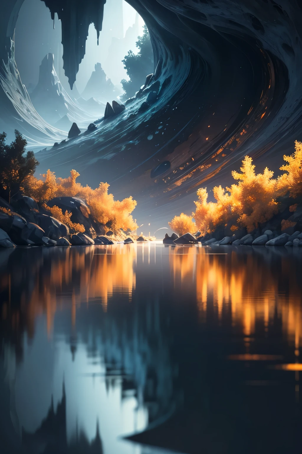"Immerse yourself in an awe-inspiring simulation of a black liquid, mirroring the tranquil beauty of a still night scene. With Octane Render's HD wallpapers, the 3D composition comes to life in 4K resolution, capturing every detail with precision. Reflections on the surface of the liquid reveal mesmerizing DMT snapshots, a smooth 3D CG render that showcases the intricacies of the fluid's movements. Observe the captivating interaction between the environment and the fluid, as the tranquil waters unveil their secrets through stunning 3D fluid simulation renders. This poster is an essential addition to any modern interior design