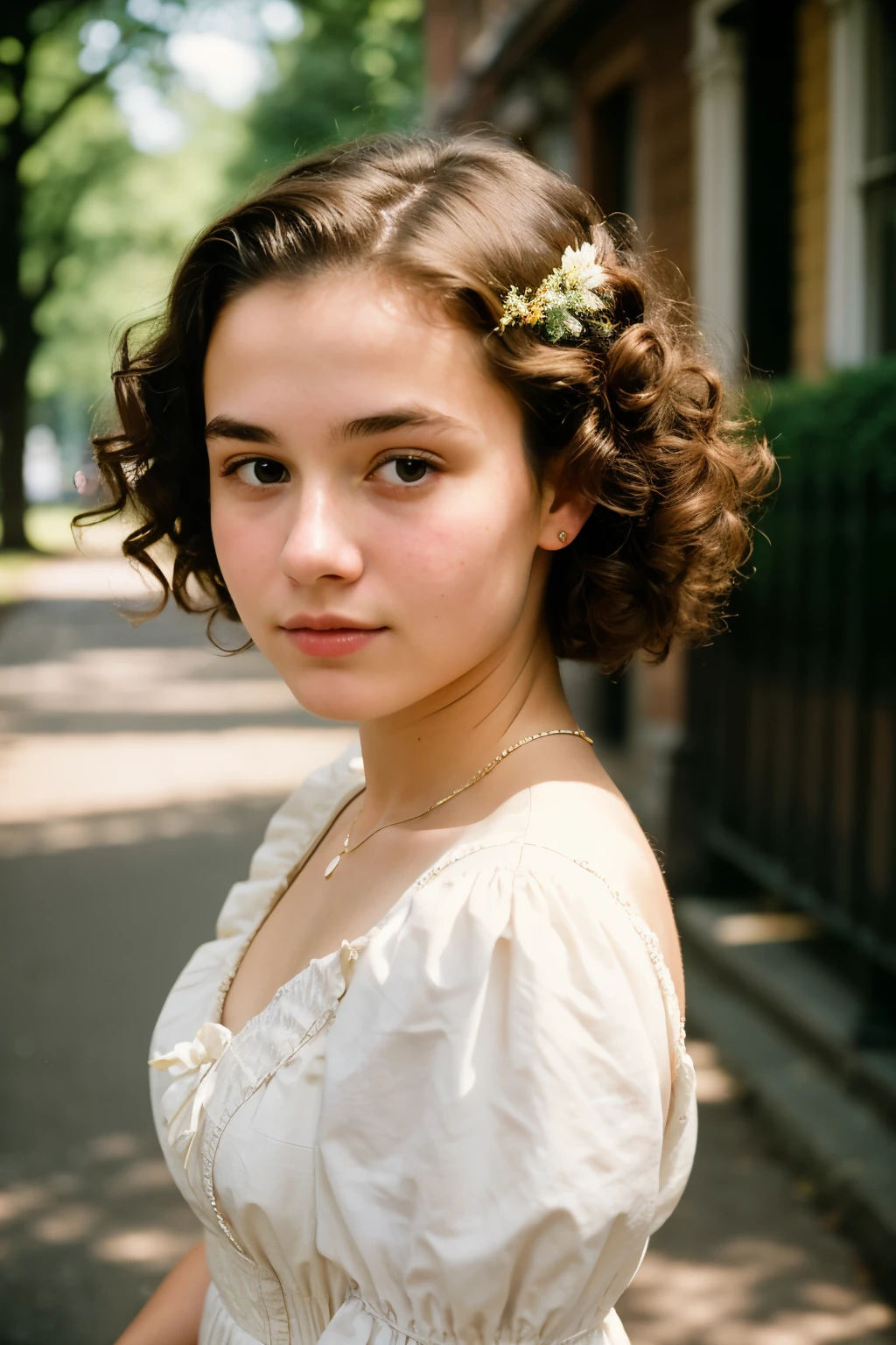 (a closeup of a beautiful 15-year-old girl on a 19th century street in a vintage dress), (Serious:0.5), (Highly detailed face:1.4), ass pov, Nikon D850, film stock photograph, 4 Kodak Portra 400, camera f1.6 lens, saturated colors, hyper realistic, lifelike texture, dramatic lighting, Cinestill 800, 19th-century Victorian style, Evening, Vintage lighting, Medium curly hair