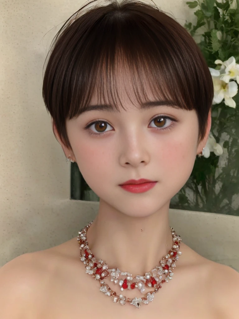 ((top-quality)),(masterpiece:1.4),Raw photography,8K,((Top image quality)),((hight resolution)),Beautiful face in every detail,Realistic human skin,Gentle expression,(One lady:1.3 ),realisitic,Photorealsitic,(extra very short hair:1.4),(Beautuful Women),(cute Japanese girls),(boyish:1.3),(mannish),((Pretty Woman)),(Beautiful hair),((dark brown hair)),(((Red cheeks))),((Her eyes are big)),20-year-old beauty,(her face is small:1.7),small head,((long neck)),pale skin,Spot-free skin,With bangs,Everyone longs for,japanese beautiful woman,(a necklace) ,Squatting ,in the bath ,skinny body ,Sweat ,wet,face focus ,look at viewer, straight-on