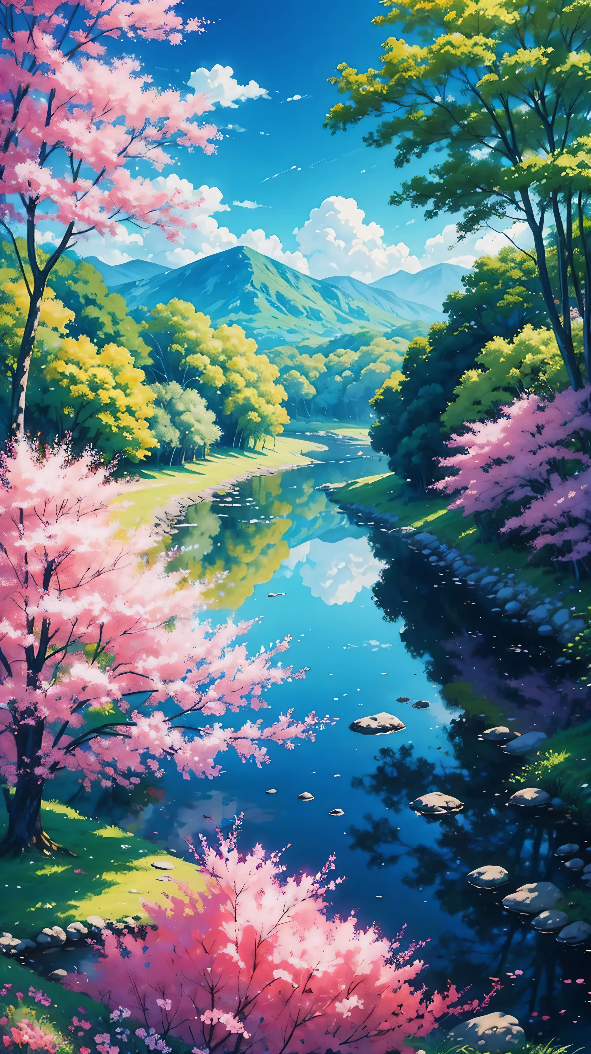 There is a painting of a colorful landscape with trees and flowers, vibrant gouache painting scenery, pintura de paisagem colorida, paisagem campestre anime, paisagem brilhante, scenic colorful environment, Jen Bartel, Paisagem do anime, arte de fundo do anime, anime bela cena de paz, scenery art detailed, Arte bonita UHD 4K, beautiful anime scenery, pintura digital colorida, paisagem de sonho, papel de parede de paisagem anime