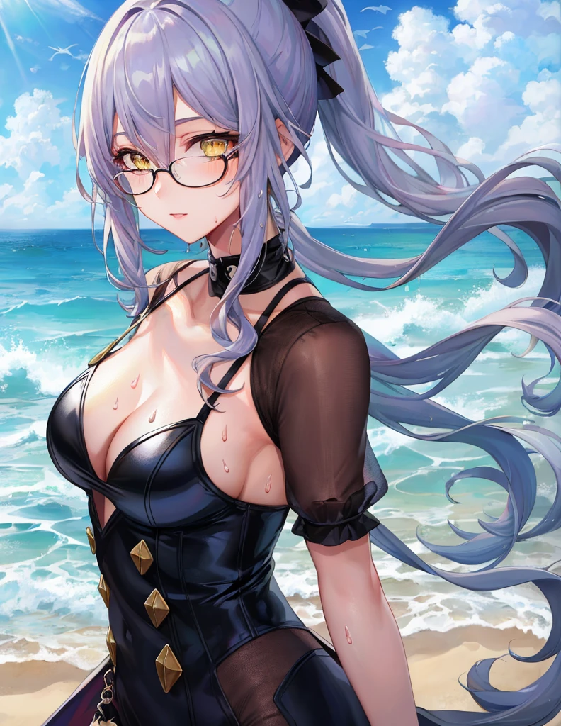 Model Shooting Style, (Masterpiece:1.3), (Absurdity:1.3), (Best Quality:1.3), (8K), (Masterpiece Digital Art), (Detailed Manga Illustration), (Handle Hair), Perfect Anatomy, (Complex Details:1.3), (Detailed Details:1.3), (Illustration:1.3), (Sharp Focus:1.3), (Vivid Color:1.3), 1 Girl, Solo, (Long Hair:1), ponytail, loose wavy hair part covers his face, hair between the eyes, (silver hair), yellow eyes, floating hair,glasses, maio, seaside, wet skin, sexy,
