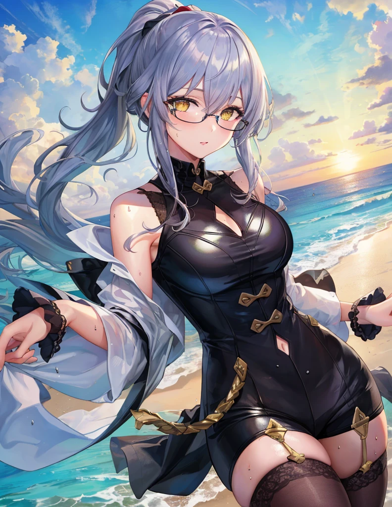 Model Shooting Style, (Masterpiece:1.3), (Absurdity:1.3), (Best Quality:1.3), (8K), (Masterpiece Digital Art), (Detailed Manga Illustration), (Handle Hair), Perfect Anatomy, (Complex Details:1.3), (Detailed Details:1.3), (Illustration:1.3), (Sharp Focus:1.3), (Vivid Color:1.3), 1 Girl, Solo, (Long Hair:1), ponytail, loose wavy hair part covers his face, hair between the eyes, (silver hair), yellow eyes, floating hair,glasses, maio, seaside, wet skin, sexy,