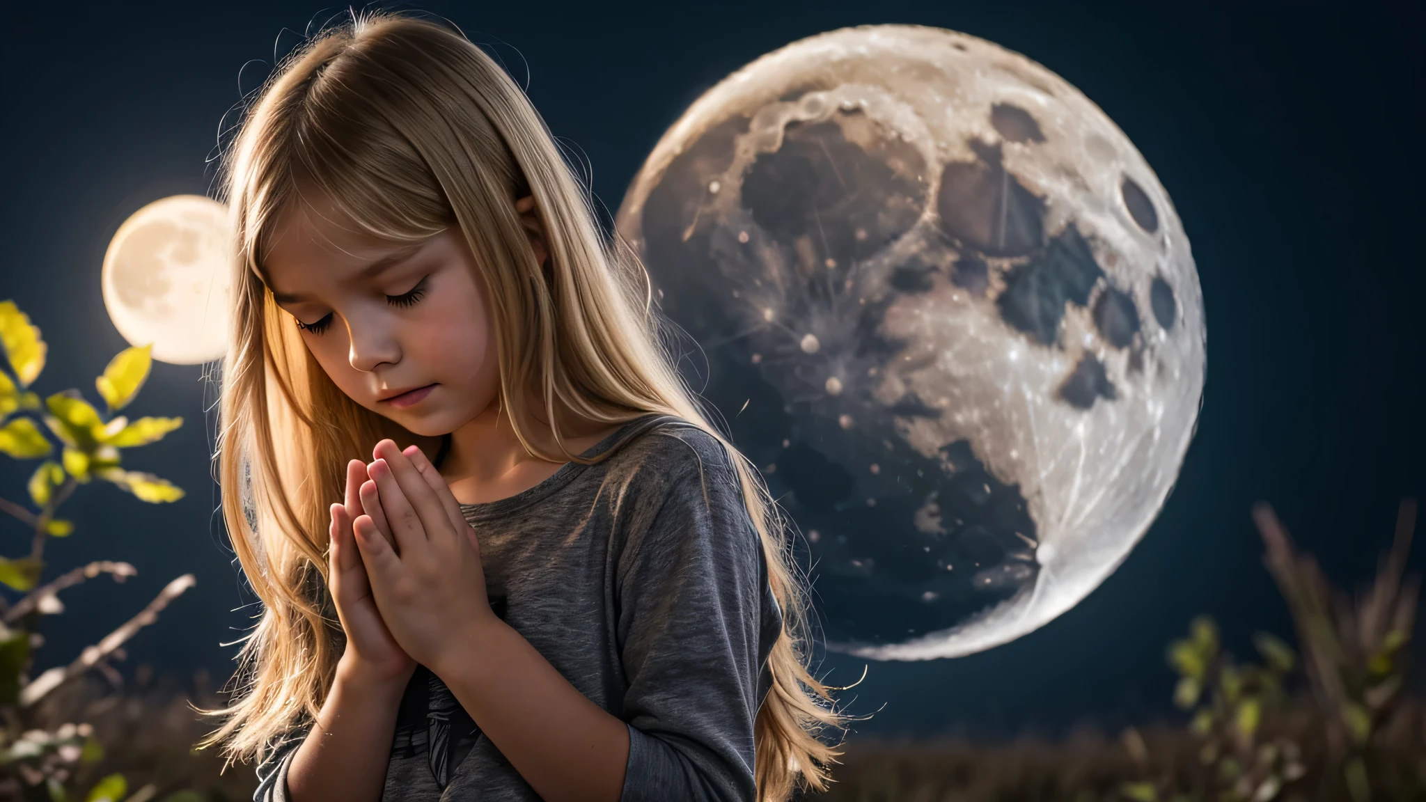 there is a young kids blonde girl praying portrait standing in front of a moon.