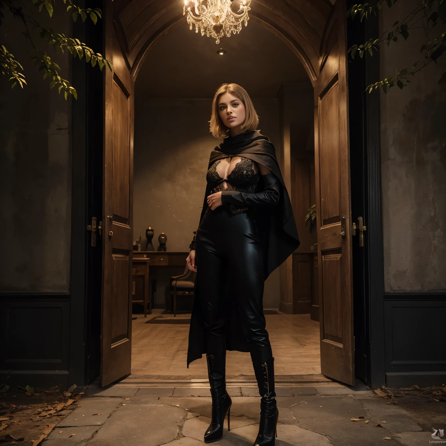 (Best quality, 8k, 32k, Masterpiece, UHD:1.2), Photo of a cute tall Italian woman, sexy blonde, ideal figure, large breasts of ideal size, very short hair, high heels, two arms, two legs, 5 fingers on each hand, nose, lips, 2 eyes. Solo in photography.
clothes:
Choose clothes for this image, which combines mystery and sexuality. Possible items of clothing: a black fitted suit with lace or a skin-tight jumpsuit with exposed inserts. Add black boots or high heels and an embroidered cloak or cape with a hood. background:
Create a mystical and mysterious background, For example, a forest thicket with moonlight or a dark castle with a large wooden door. Такий бекграунд додасть загадковості та містичnoseті вашій фотосесії. Short hair.