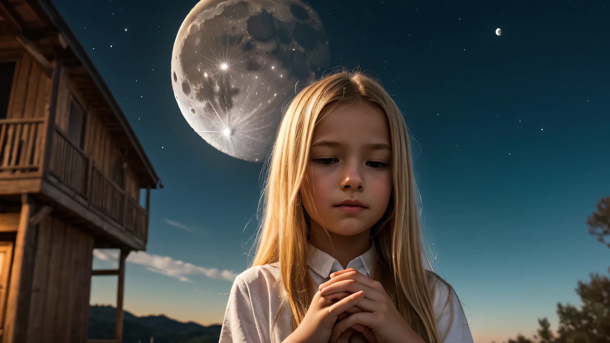 there is a young kids blonde girl praying portrait standing in front of a moon.