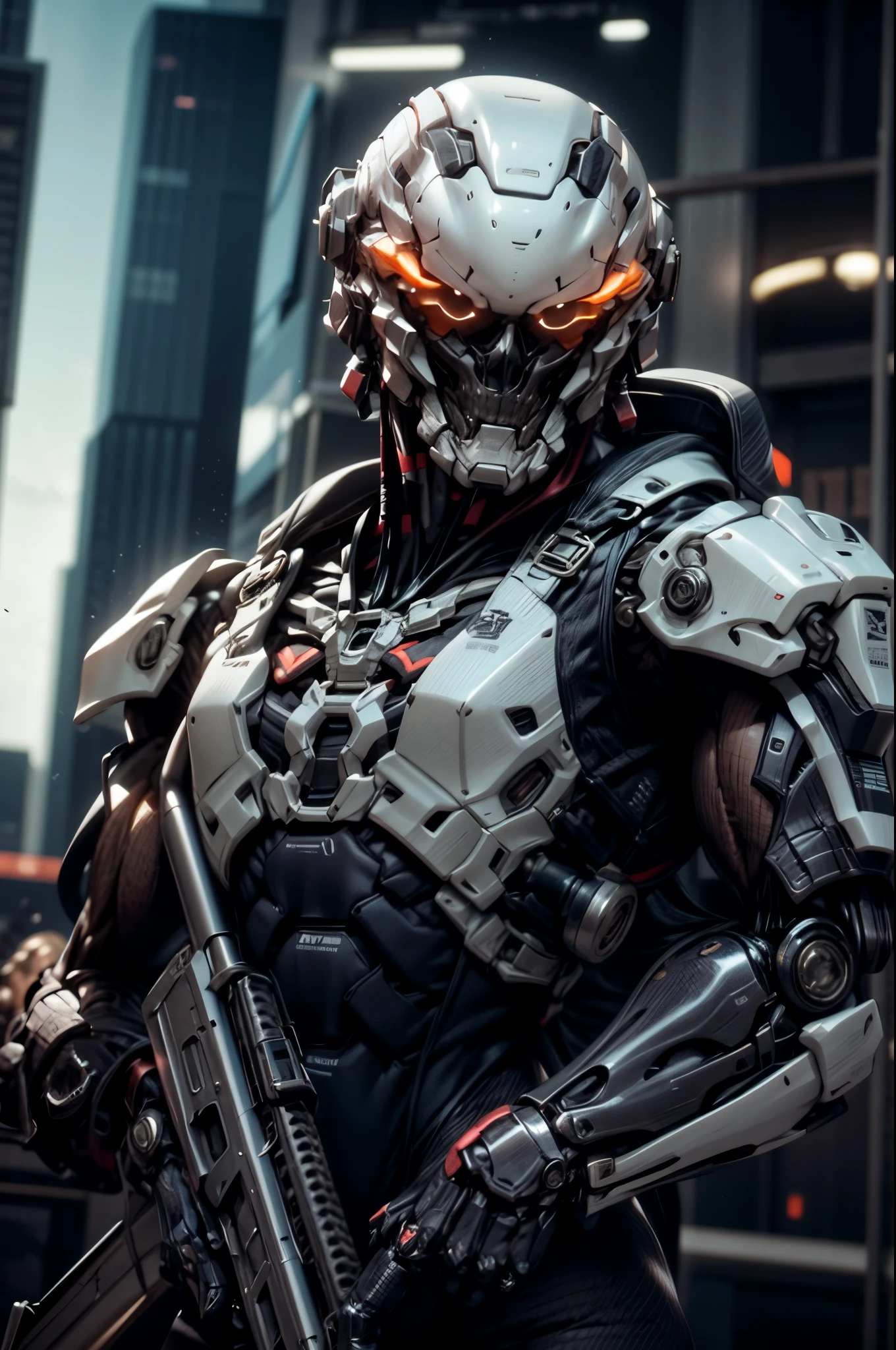 (((An epic and visually stunning digital anime masterpiece:1.5, art piece featuring a ((feminine male:1.5)) elegant military mechanical ((robot)) soldier clad in a sleek yet tactical decorated military trench coat:1.5))), (((flat masculine chest:1.5, skull:1.8, head11:1.8, narrow orange eyes:1.5))), (((the character is clothed in a scifi tactical double breasted trench coat with a built in exoskeleton:1.6))), (((over a form fitted armor plated yet super sleek and sensually revealing under suit, waist and thighs exposed:1.6))), ((The image showcases the intricacies of the character’s armor and clothing:1.4)), ((capturing their flamboyant feminine essence and heavy mechanical art deco aesthetic:1.5)), ((The character also possesses a more masculine androgynous charm:1.4)), (((with a toned yet heavily muscled gorgeous feminine physique:1.4, a sleek waist:1.4, mesomorphic mechanical muscular torso, toned yet beautifully sleek mechanical arms and legs with thick thighs:1.6, mechanical muscles))), ((looking at viewer)), (((brass metal armor and brown leather))), ((((depth of field, cinematic lighting, chromatic aberration, ray tracing, UHD, masterpiece, top of head covered, super detail, high details, high quality, award winning, 8k, highres)))), (((dieselpunk:1.4, decopunk:1.4, artificial muscle:1.5)))