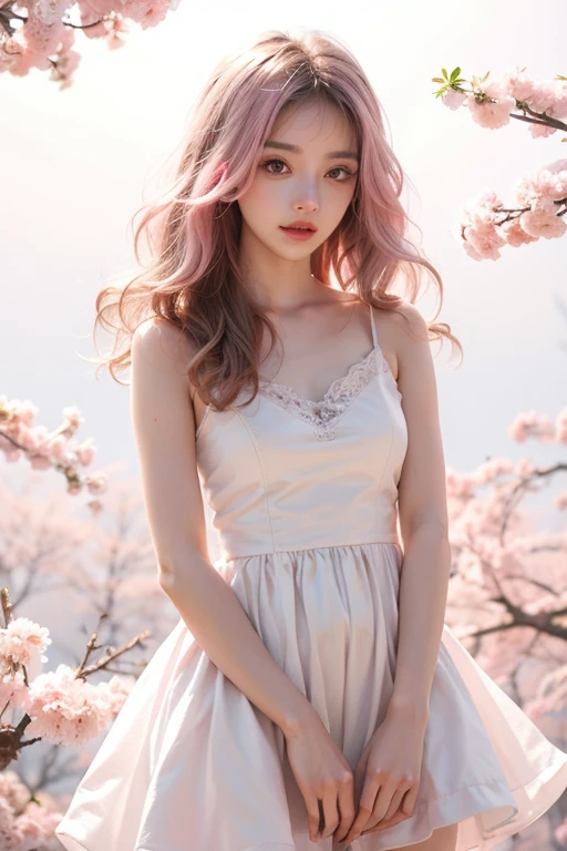 Light pink hair, pink eyes, pink and white, sakura leafs, vivid colors, white dress, paint splash, simple background, ray tracing, wavy hair