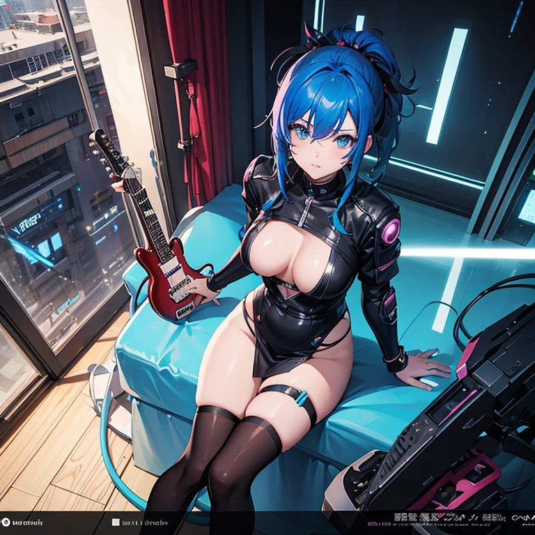 there is a blue hair woman that is laying down on a bed，holding an electric guitar in her lap ( Les Paul guitar), Guviz-style artwork, style of anime4 K, Ross Tran 8 K, Digital cyberpunk anime art, Guweiz in Pixiv ArtStation, Guweiz on ArtStation Pixiv, e - girl, E-Girl, cyberpunk anime girl, Fanart Meilleure ArtStation，lean legs，blacksilk, look from above