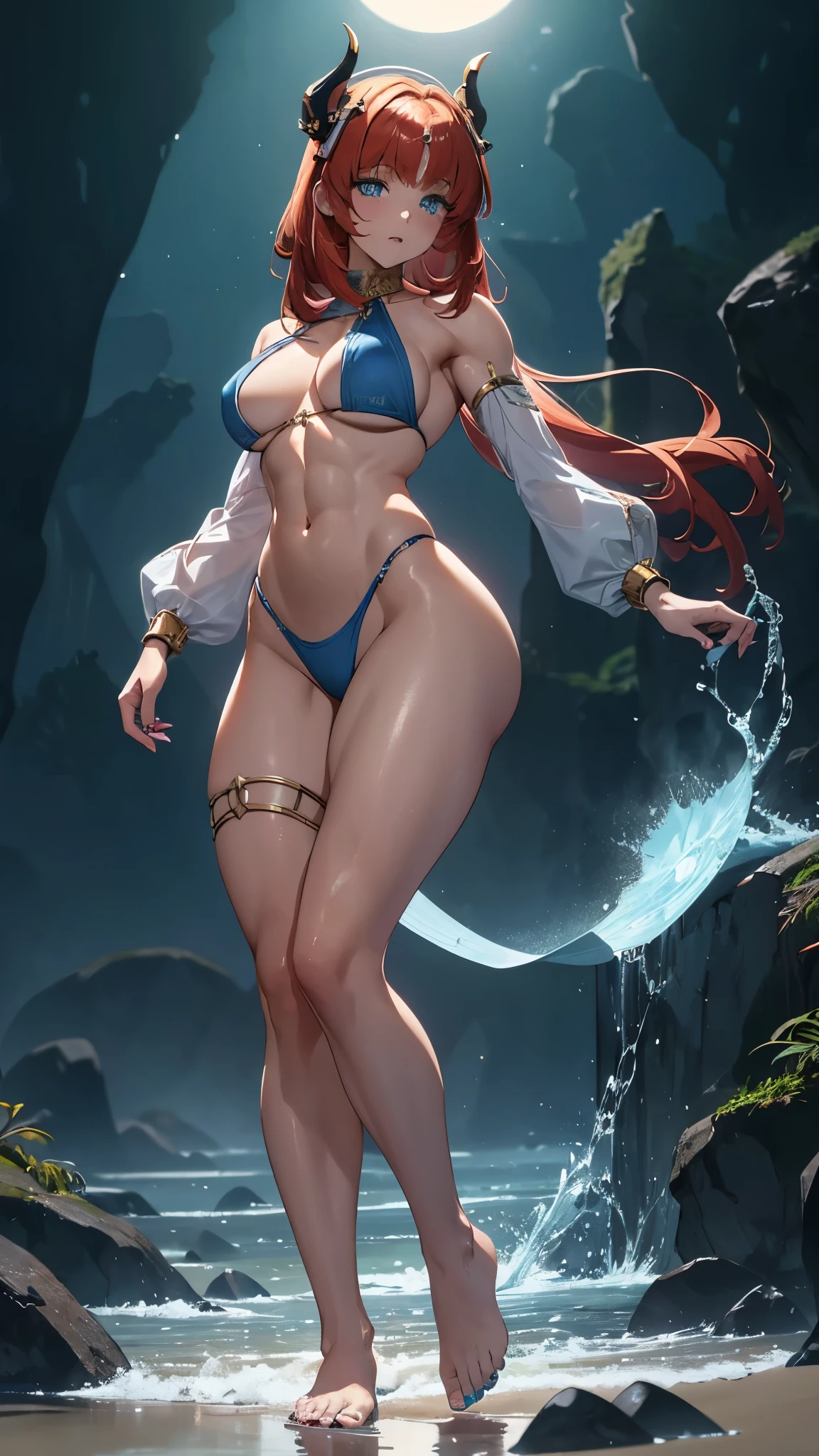 (1 girl), (Nilou from Genshin Impact), with a straight haircut, big and expressive eyes, (wearing a very short and sensual bikini), (wearing blue nail polish on her hands and blue nail polish with pink on her feet), ( (( slim, muscular legs))), blue eyes, (((nilou))), red hair, long, mesmerizing hair, medium breasts, (muscular belly), wide hips, slim waist, big ass, perfect feet with toes very fine detailed, Perfect hands and fingers very well detailed, toenails a little square, standing, bare feet, full body photo, on the beach, at night with starry sky and full moon in the sky, bad mood, reflection in the eye , glowing eyes , Sulking, anime, anime style, Cinematic lighting, ray tracing, Panorama, Sony FE, high definition, artwork, anatomically correct, Textured skin, super detail, high quality, high resolution, high definition, 16k Consume