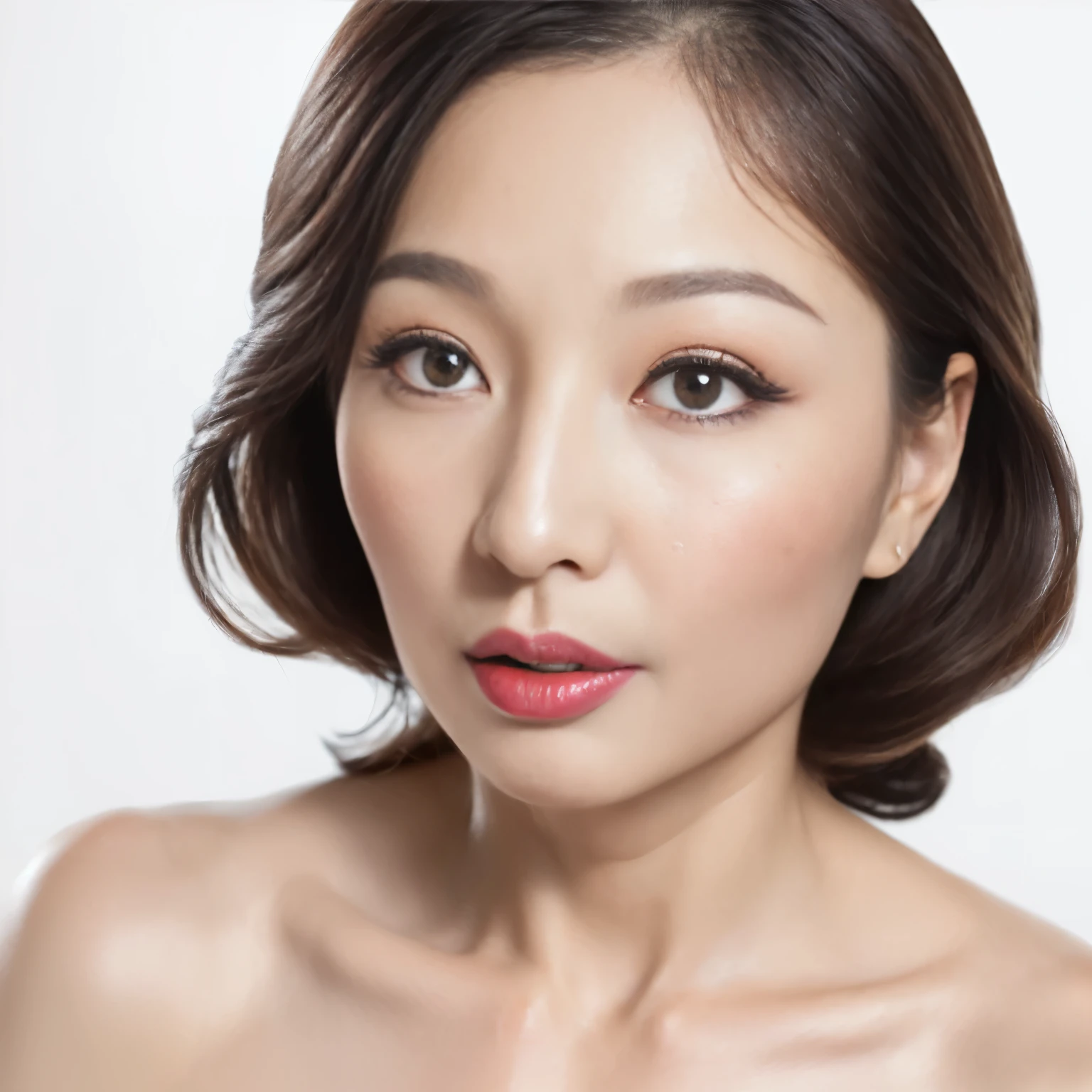 ((highest quality、8K resolution、master masterpiece、professional photography)), Photoreal, (50 year old beautiful mature woman with idol face:1.3), (Wrinkled face:1.2)、upper body photo、(Nude photo from the chest up:1.2)、(solid white background:1.1)、(advertising image:1.1)、wrinkles around the eyes,standing elegantly、(Plump and soft body、clavicle)、(The most elegant and beautiful berry long wavy hair:1.1、(look at me悲しいセクシーな表情:1.3)、(look at me:1.1)、(large breasts of beautiful shape、soft cleavage)、perfect makeupアップ,Dark red lipstick,perfect makeup,eye shadow、long eyelashes、(Glossy fair skin with super high detail:1.2)、premonition of love