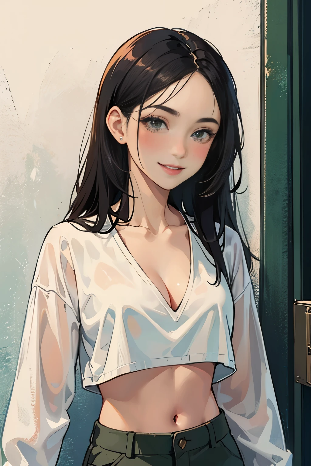 Amazing portrait of a sexy woman wearing her long straight luscious black hair, seductively gazing and smiling, soft lips, parted, blushing intensely, smiling, olive green crop top, white cargo pants, white shirt, medium chest, cleavage, perfect body