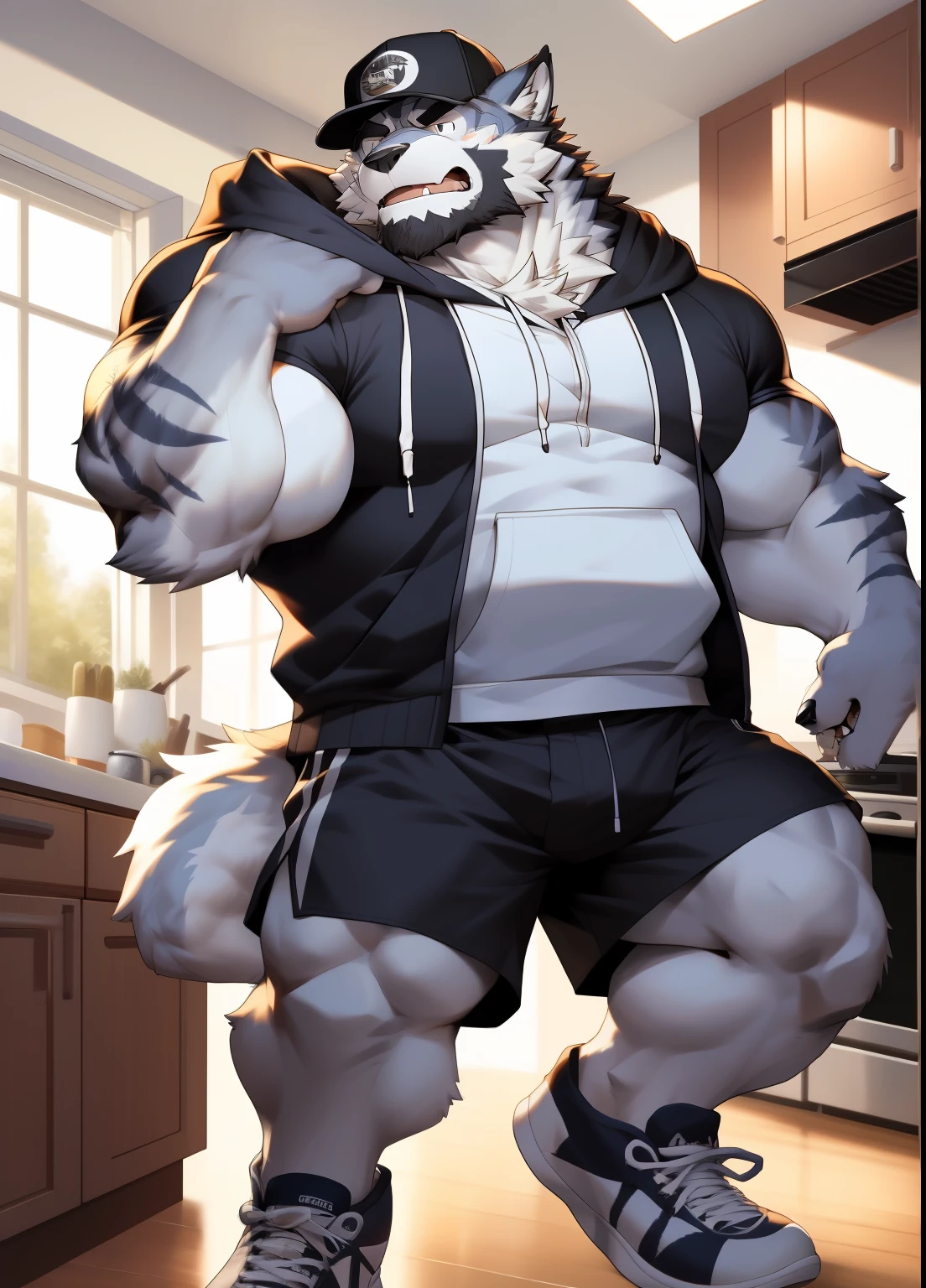 hairy，（（Wolf，hoodie，shorts，Black sneakers，Wear white socks）），white fur，male，Common，full body picture（（极其lifelike阴影，masterpiece，Very detailed，lifelike））， （（Cat）），dynamic poses，In the kitchen，wearing a hat，Wear white socks，Uncle Beard，angry，night（（极其lifelike背景，masterpiece，Very detailed，lifelike））detailed background
