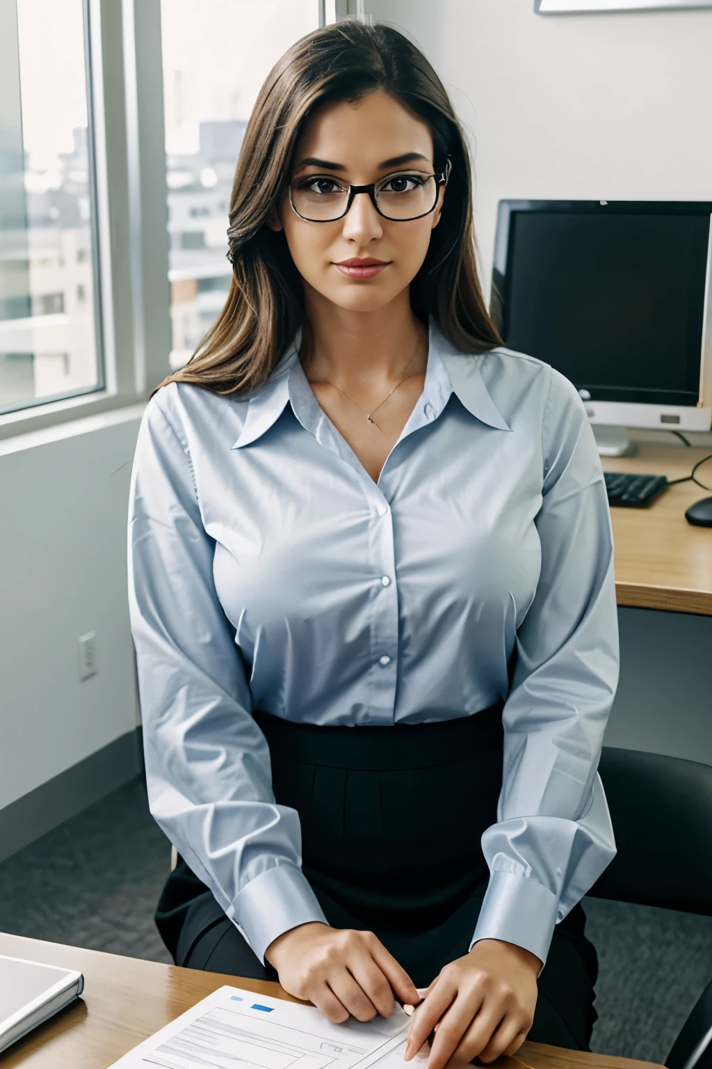 Woman, 35 years old, sitting at a desk, well-organized office space, using a computer with Microsoft Word open, focus on the computer screen, reading a document, wearing a professional blouse and skirt, glasses perched on the bridge of her nose, holding a mouse in her hand, realistic rendering, intense concentration, document icon visible on the computer screen, badge design shape, silver color, "Microsoft Word Formatting Expert" inscribed on the badge, clean lines and clear typography.