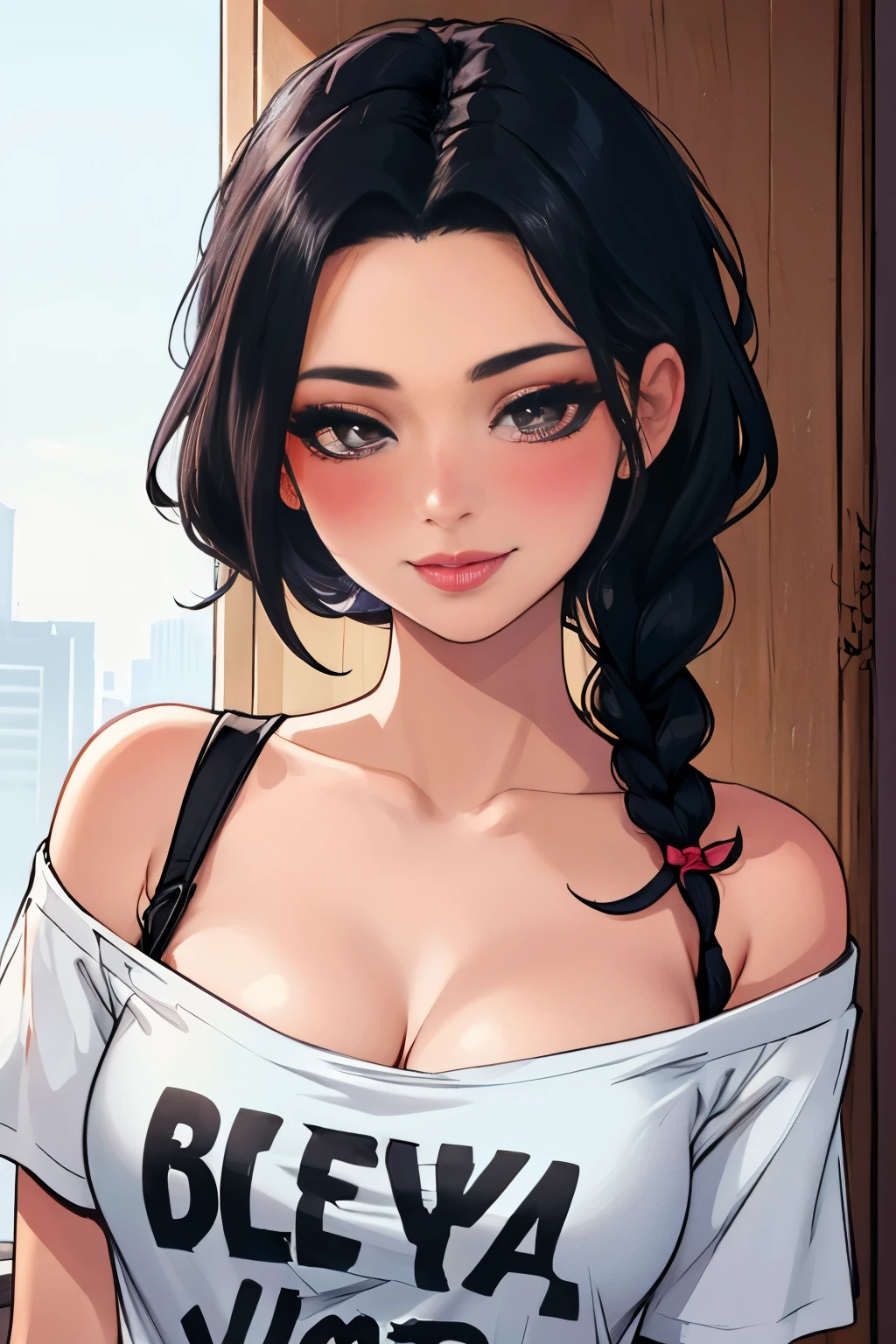 Sexy and cute woman, woman in love, black hair braided, very seductive and soft eyes, blushing hard, pink lips parted, seductive smile, long neck, collarbone, medium chest, cleavage, off shoulder t shirt, no straps, bare shoulders