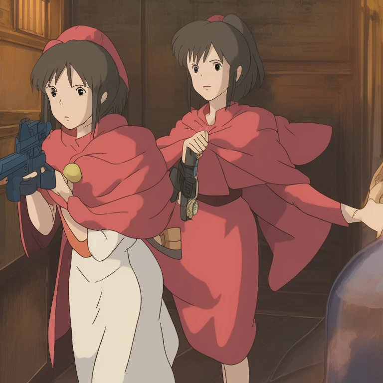 (best quality) warrior standing, bule clothes red cape holding a blaster in right hand like mandalorian armor in studio_ghibli_anime_style style