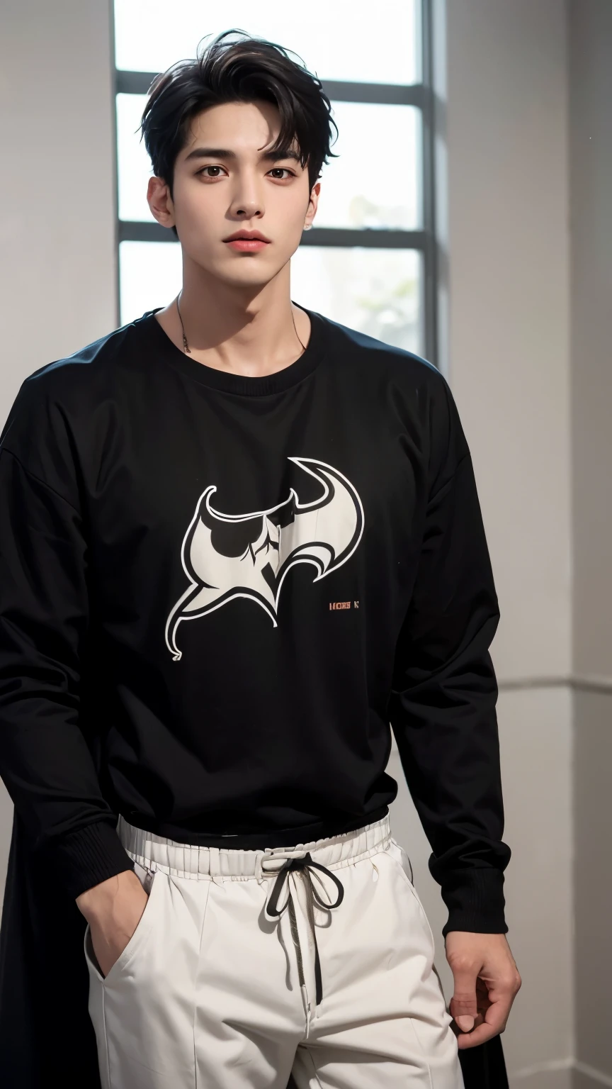 Joven Bruce Wayne hombre cabello negro, Cuerpo grande y musculoso, camiseta negra, en cuarto oscuro, cuerpo mojado, Asian, parecido a Jungkook, molesto, serio, hot, grande, sentado en un trono