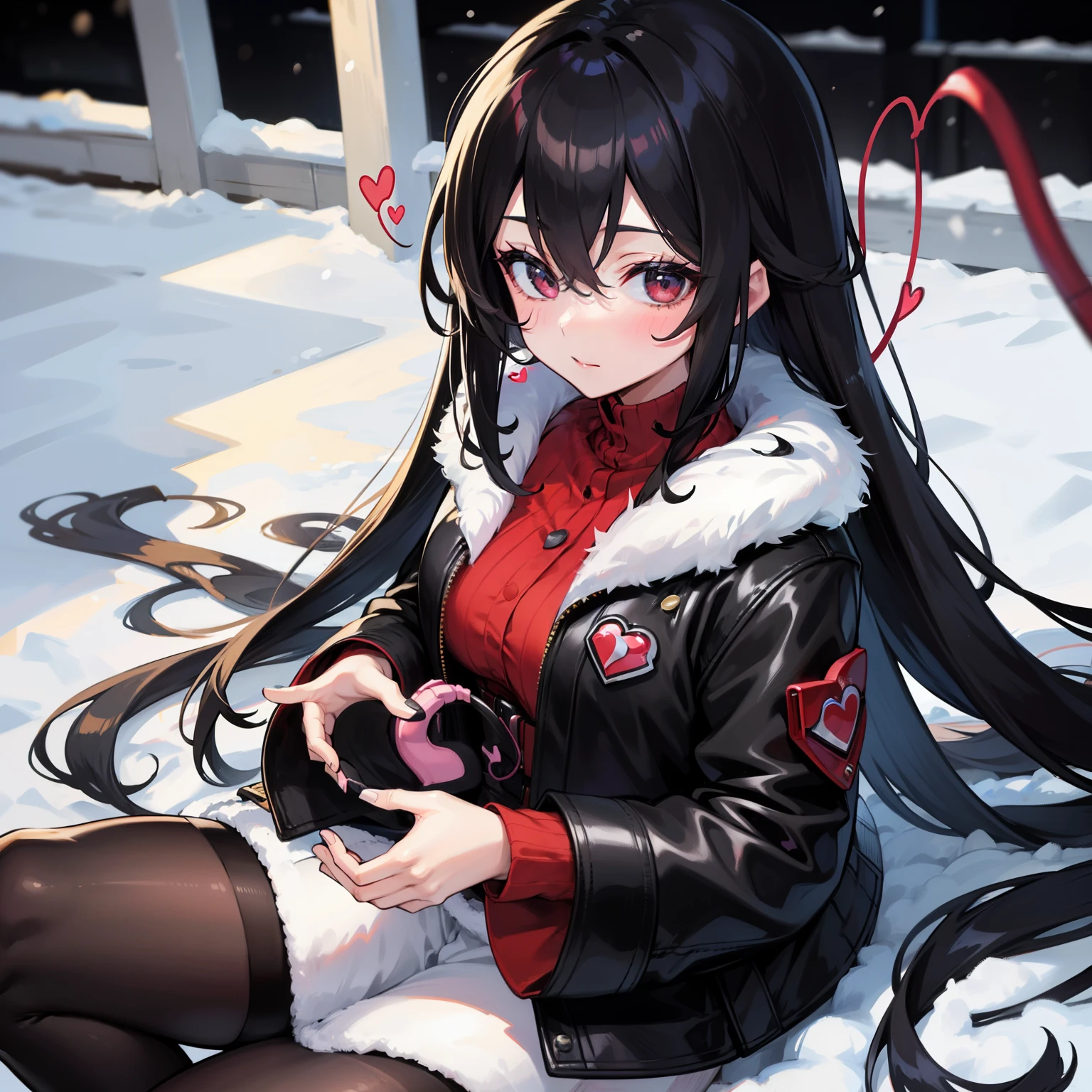 1 beautiful woman, (heartbeat:1.5), long black hair, winter fashion