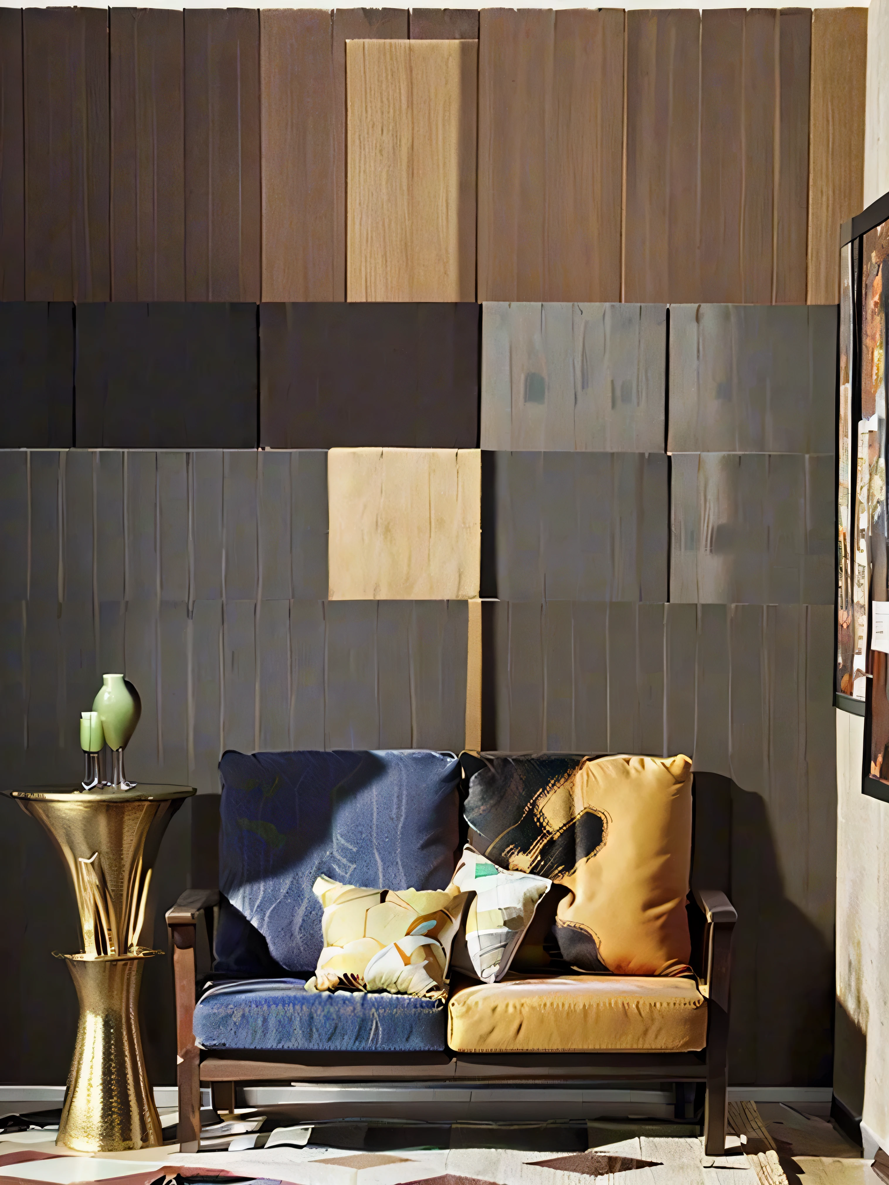 a close up of a couch in a room with a wall of tiles, living room wall background, abstract high quality, modern style, geometric wallpaper, darkslategray wall, abstract wallpaper design, geometric abstract beauty, metal cladding wall, living room background, matte paiting, carbon blac and antique gold, wallpaper design, abstract style, abstract geometric