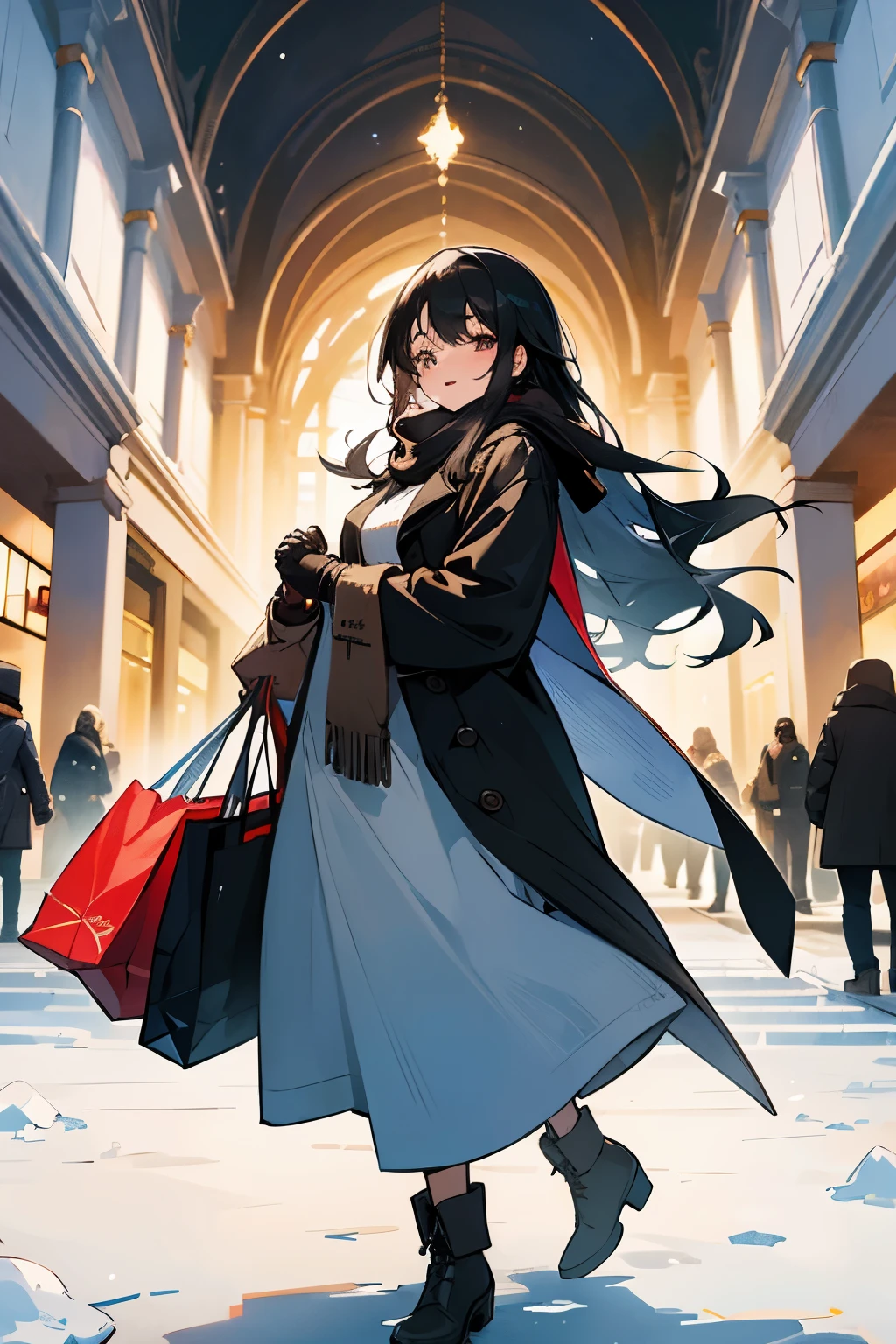 Masterpiece, top image quality, high resolution, 1 beautiful woman, heartbeat quickening, long black hair cascading down her back, winter fashion, wrapped in a thick coat, scarf around her neck, gloves covering her hands, shopping at the mall, the hustle and bustle of the holiday season around her, a sense of excitement and anticipation in her eyes.