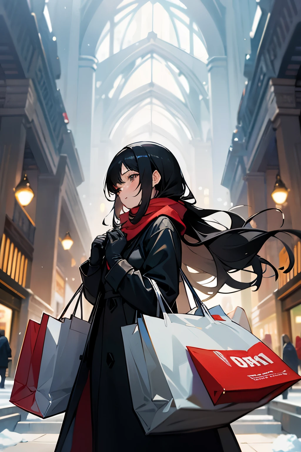 Masterpiece, top image quality, high resolution, 1 beautiful woman, heartbeat quickening, long black hair cascading down her back, winter fashion, wrapped in a thick coat, scarf around her neck, gloves covering her hands, shopping at the mall, the hustle and bustle of the holiday season around her, a sense of excitement and anticipation in her eyes.