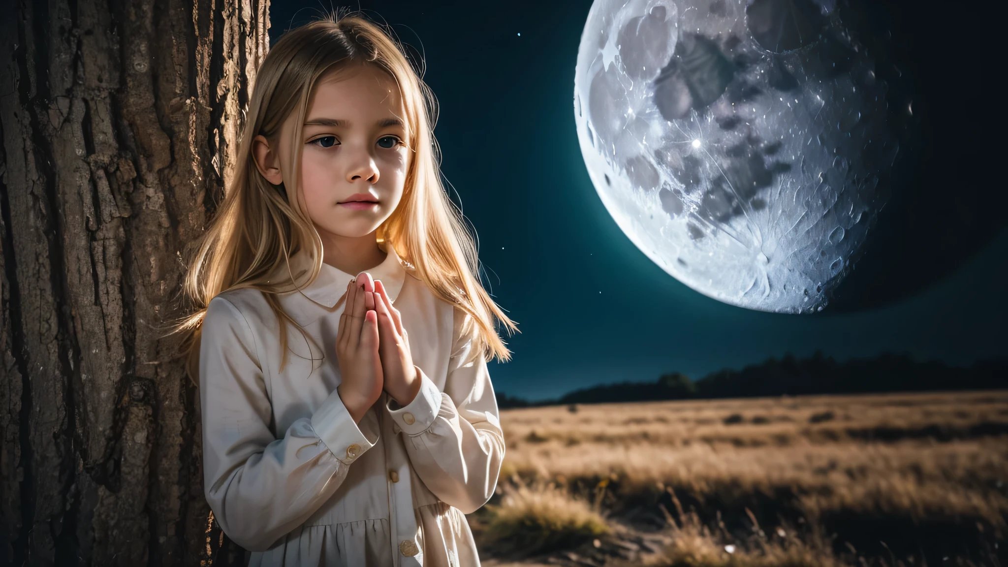 there is a young kids blonde girl praying portrait standing in front of a moon.