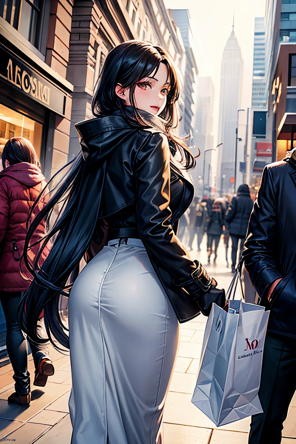 Masterpiece, top image quality, high resolution, 1 beautiful woman, heartbeat quickening, long black hair cascading down her back, winter fashion, wrapped in a thick coat, scarf around her neck, gloves covering her hands, shopping at the mall, the hustle and bustle of the holiday season around her, a sense of excitement and anticipation in her eyes.