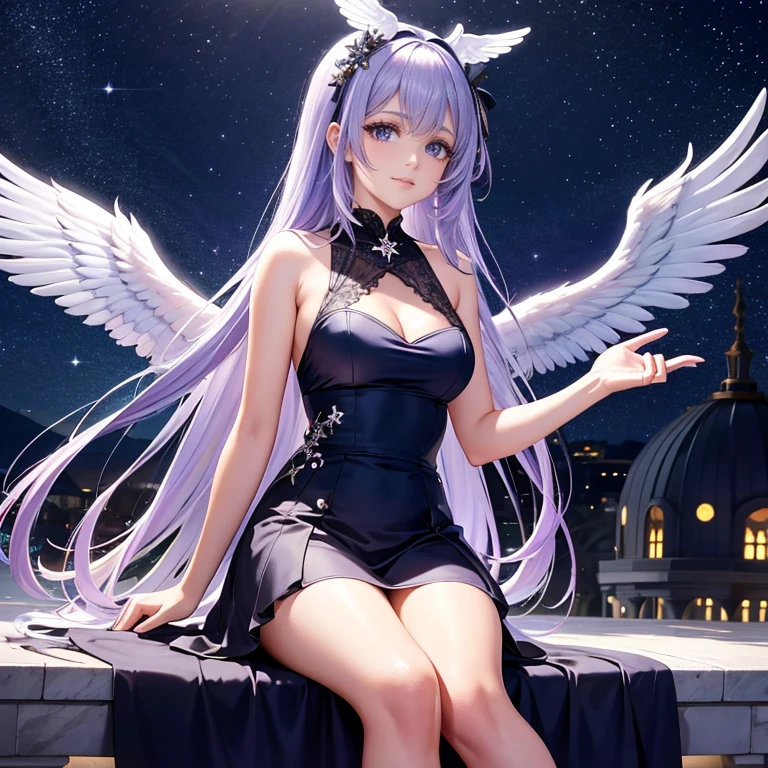 Cute angel，Feathered wings，Looking at the night sky, ((Gorgeous face)), beauitful face，Long silver-purple hair，（Detailed eyes）， Sit on the outer Egerd marble pavilion in the night garden，There were white birds flying around her, rays of moonlight, starrysky，intricately details, Professional lighting, High definition, 8K, Studio light， Neon shimmering little hair ends