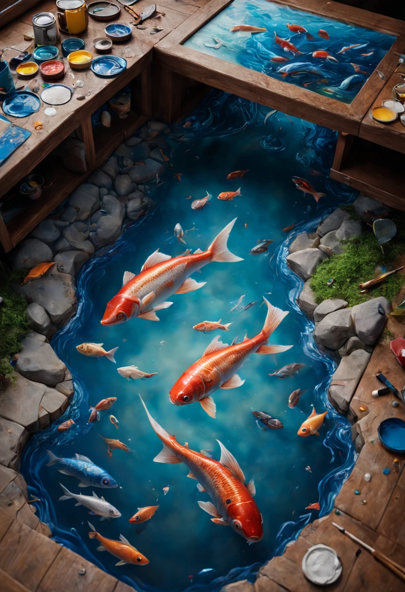 (3D painting:1.5) river with fishes anamorphosis in floor in the room. Cinematic lighting, vivid colors, Miki Asai Macro photography, close-up, hyper detailed, trending on artstation, sharp focus, studio photo, intricate details, highly detailed, by greg rutkowski