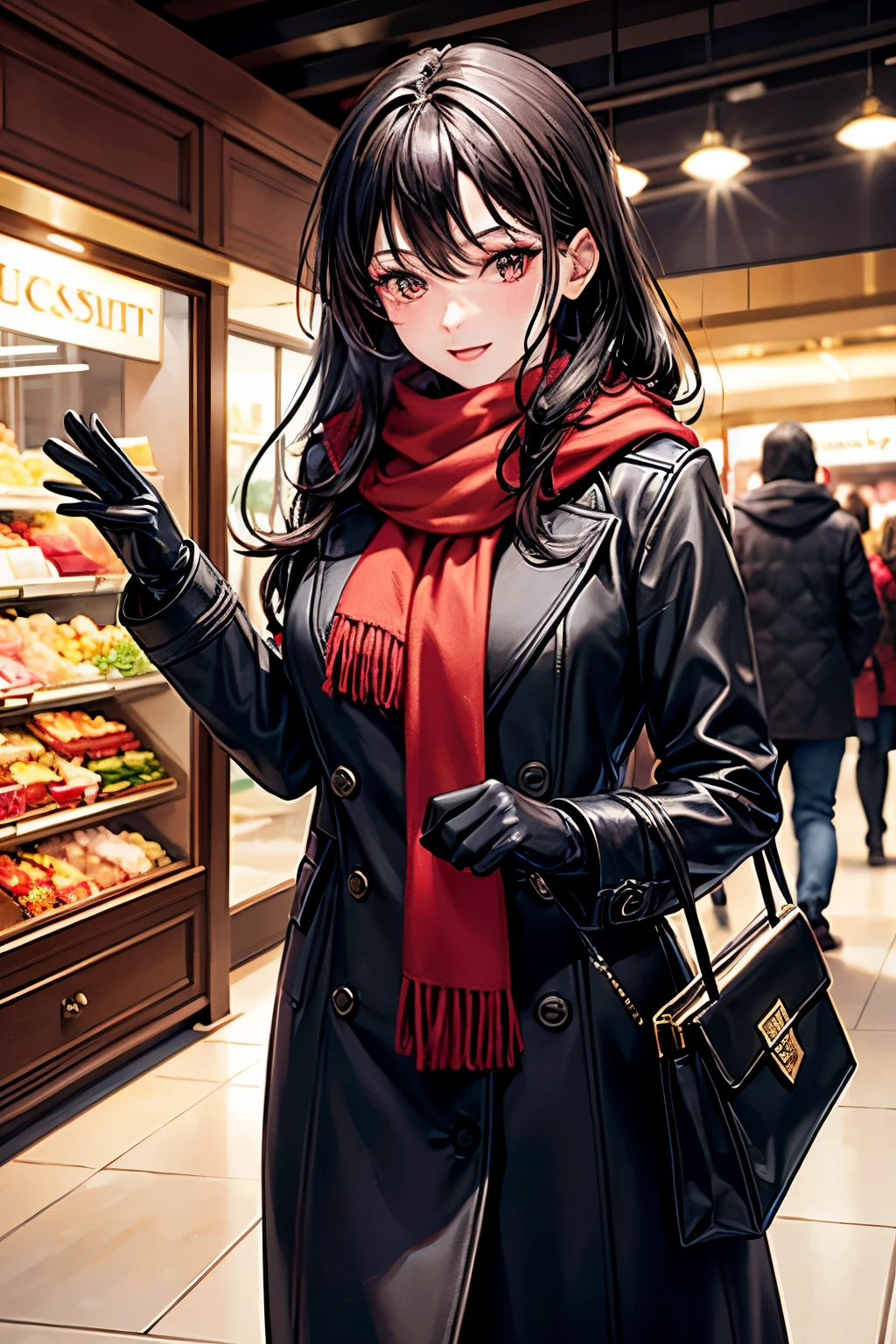 Masterpiece, top image quality, high resolution, 1 beautiful woman, heartbeat quickening, long black hair cascading down her back, winter fashion, wrapped in a thick coat, scarf around her neck, gloves covering her hands, shopping at the mall, the hustle and bustle of the holiday season around her, a sense of excitement and anticipation in her eyes.