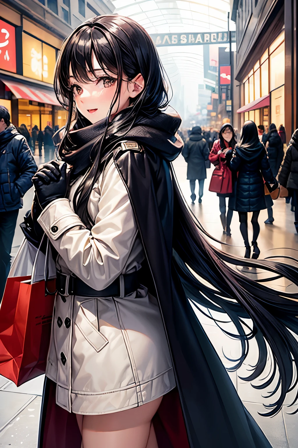 Masterpiece, top image quality, high resolution, 1 beautiful woman, heartbeat quickening, long black hair cascading down her back, winter fashion, wrapped in a thick coat, scarf around her neck, gloves covering her hands, shopping at the mall, the hustle and bustle of the holiday season around her, a sense of excitement and anticipation in her eyes.