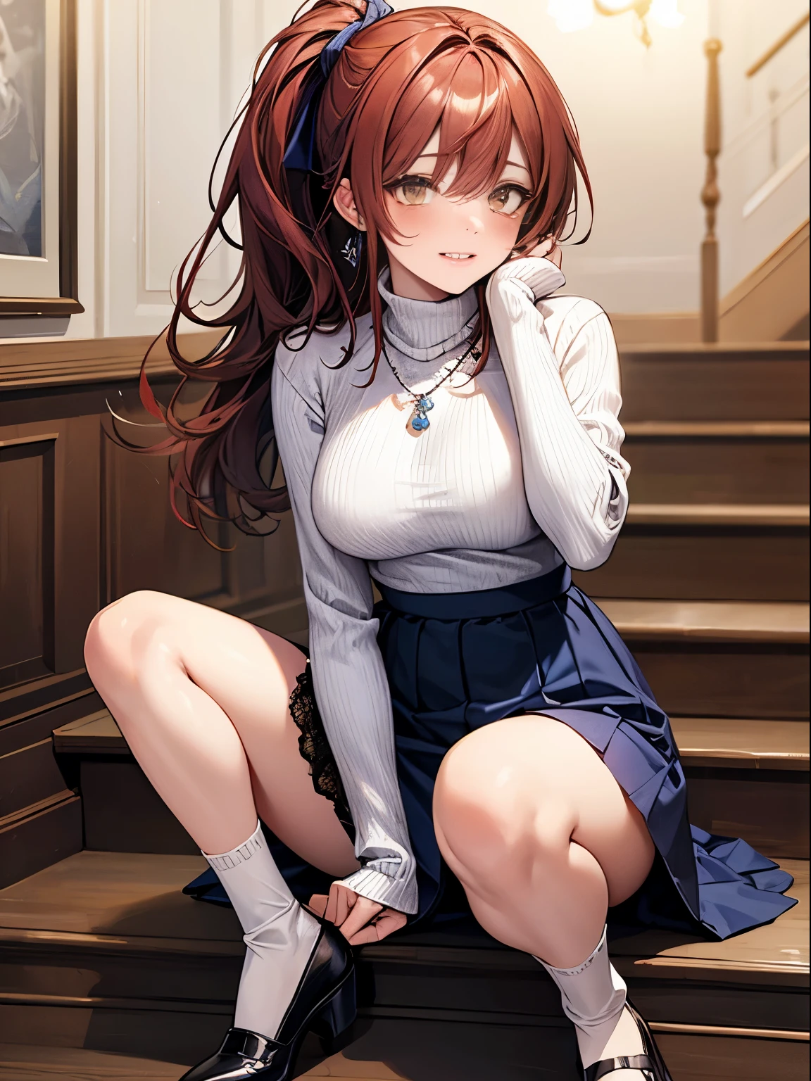 photorealisim、top-quality、超A high resolution、a picture、Extraordinary beautiful girl、Highlights of cheek luster、Detailed cute and beautiful face、(pureerosface_v1:0.008)、Beautiful bangs、Glowing white shiny skin、Bangs between the eyes、shiny and beautiful hair、Silky hair、finer hair、High-definition eyes、Beautiful, Bright and clear, Small eyes、eye liner、Double eyelids、Full body like、red blush、embarrassed from、shiny little necklace and earrings, shiny lips: 1.4,  (Shy laughter)、Kamimei、red blush、Tears are embarrassing ((red knit turtleneck)), ((Blue lace panties)) ((plated blue skirt))、((Open knees))、((open one's legs))、((Disheveled clothes))、((Dressing))、Puffy nipple、Neat and clean female 20-year-old female teacher red hair, ponytail, bangs flowing diagonally, Medium Wave Long Hair, (yellow eyes), huge breast size, (sit on stairs),  (black stocking).