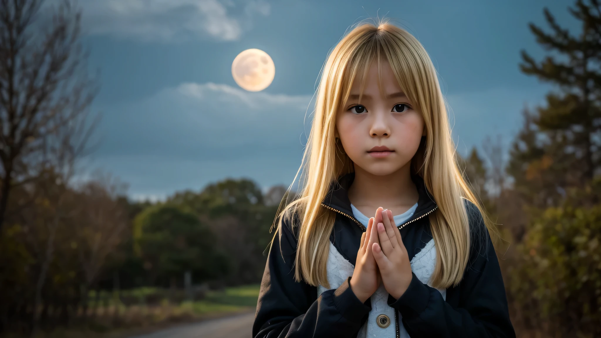 there is a young kids blonde girl praying and cross portrait standing in front of a moon.