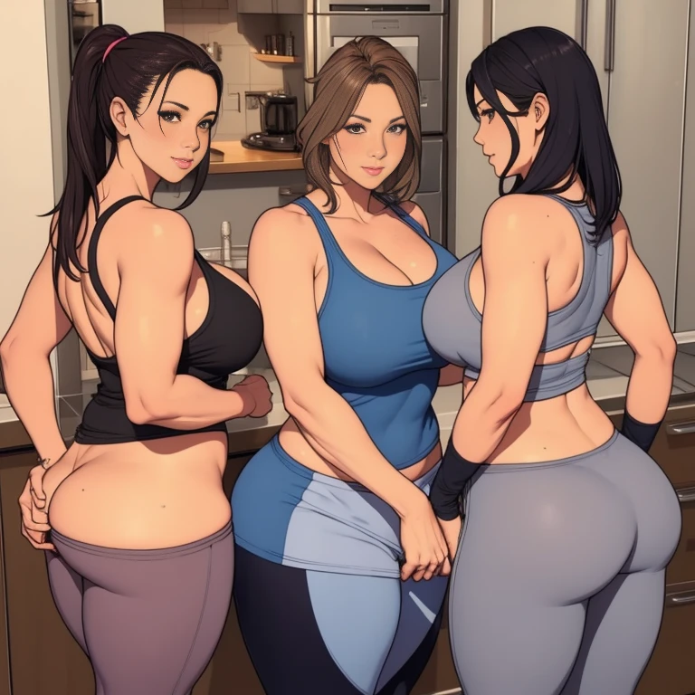 multiple thick body milfs wearing tank top and yoga pants standing along kitchen counter side by side, show ass, nsfw, show only mature female milfs, show only back view, show backside