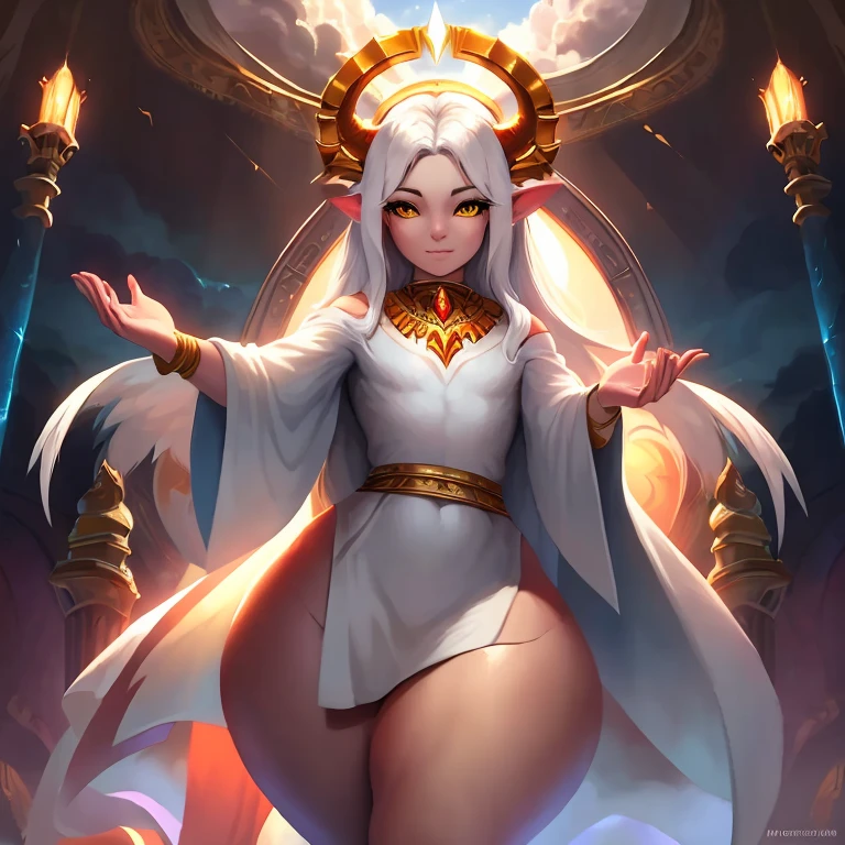 Masterpiece, God, pale skin, long white hair, golden eyes, wide hips, giant thighs, gigantic ass, femboy, androgynous, white robe, beautiful, heavenly background, clouds, sunlight, effeminate face, angelic features, arms outstretched, rays of lights