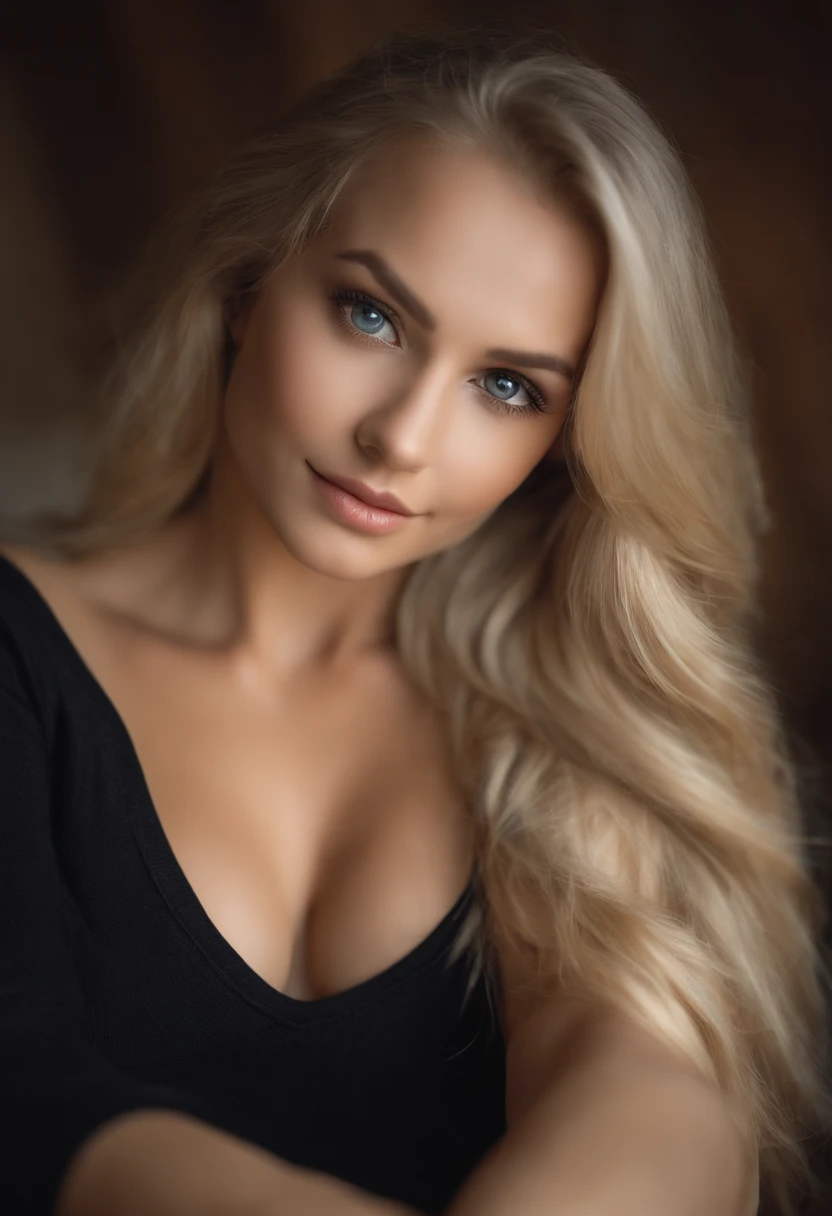 Sexy girl with gray eyes, Blonde hair and big eyes, selfie of a young woman, Chamber eyes, No make up, looking straight into the camera, nude body, Spread her legs, sexy pose, face with artgram, Beautiful make-up, Excellent full-length photography, split, large bare breasts
