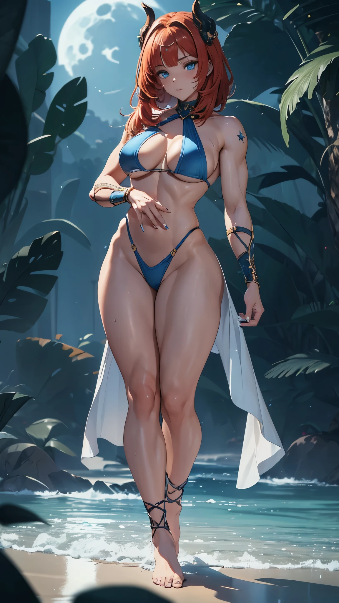 (1 girl), (Nilou from Genshin Impact), with a straight haircut, big and expressive eyes, (wearing a very short and sensual bikini), (wearing blue nail polish on her hands and blue nail polish with pink on her feet), ( (( slim, muscular legs))), blue eyes, (((nilou))), red hair, long, mesmerizing hair, medium breasts, (muscular belly), wide hips, slim waist, big ass, perfect feet with toes very fine detailed, Perfect hands and fingers very well detailed, toenails a little square, standing, bare feet, full body photo, on the beach, at night with starry sky and full moon in the sky, bad mood, reflection in the eye , glowing eyes , Sulking, anime, anime style, Cinematic lighting, ray tracing, Panorama, Sony FE, high definition, artwork, anatomically correct, Textured skin, super detail, high quality, high resolution, high definition, 16k Consume