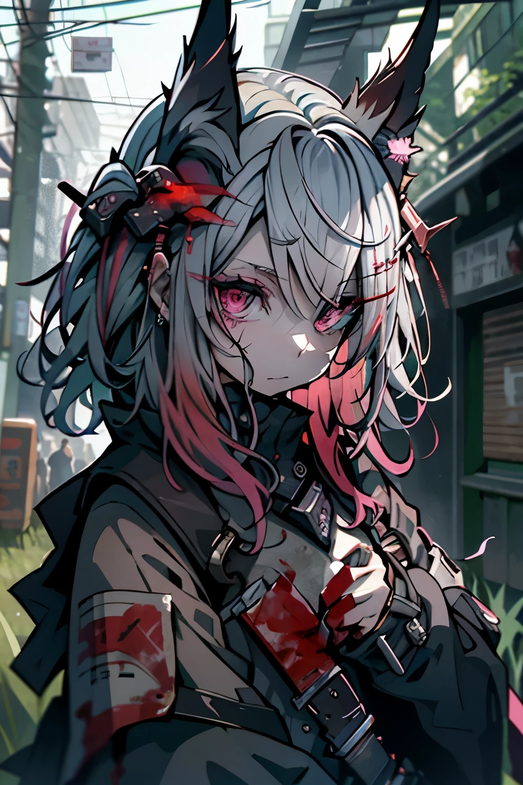 pink there、green grass、Silver、verdant、colourfull、Colorful、dead body、Blood everywhere、blood splashing、dark hue、Red hue、Eye of Fire