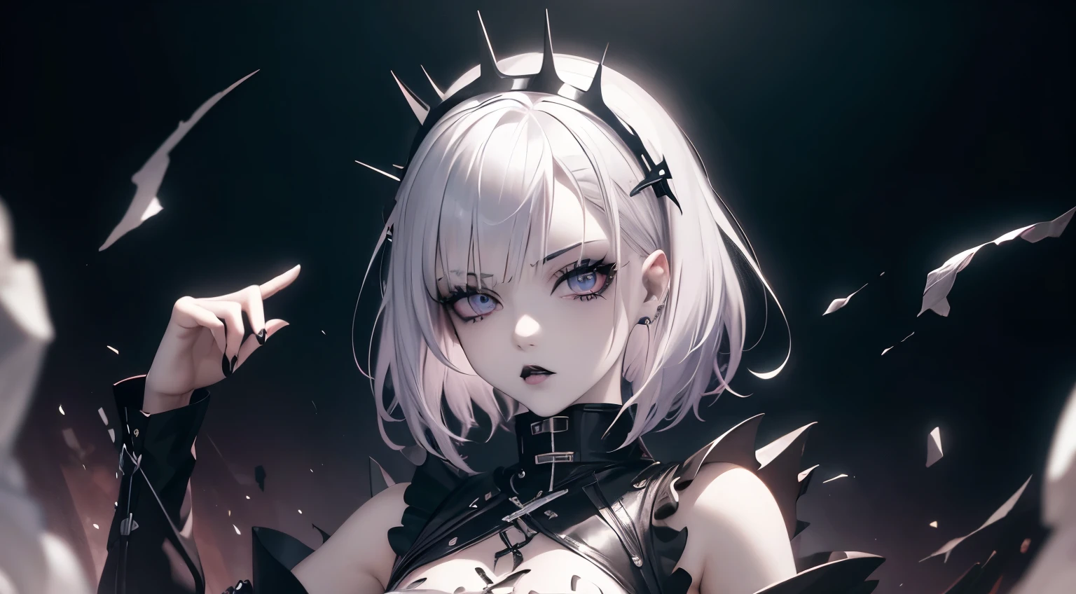 Anime girl with white hair and asymmetrical gothic style haircut, pale skinned, sobrancelhas brancas, light pink iris, black lipstick and extremely pointed dark gothic medieval armor. High quality Gothic-style image diffusion with white-haired anime girl, light pink iris and pale skin, Pose confiante, gloomy setting, gotas de chuva, olhar severo, rosto oval, Black Lipstick 8K Detailed and Dynamic Wallpaper.