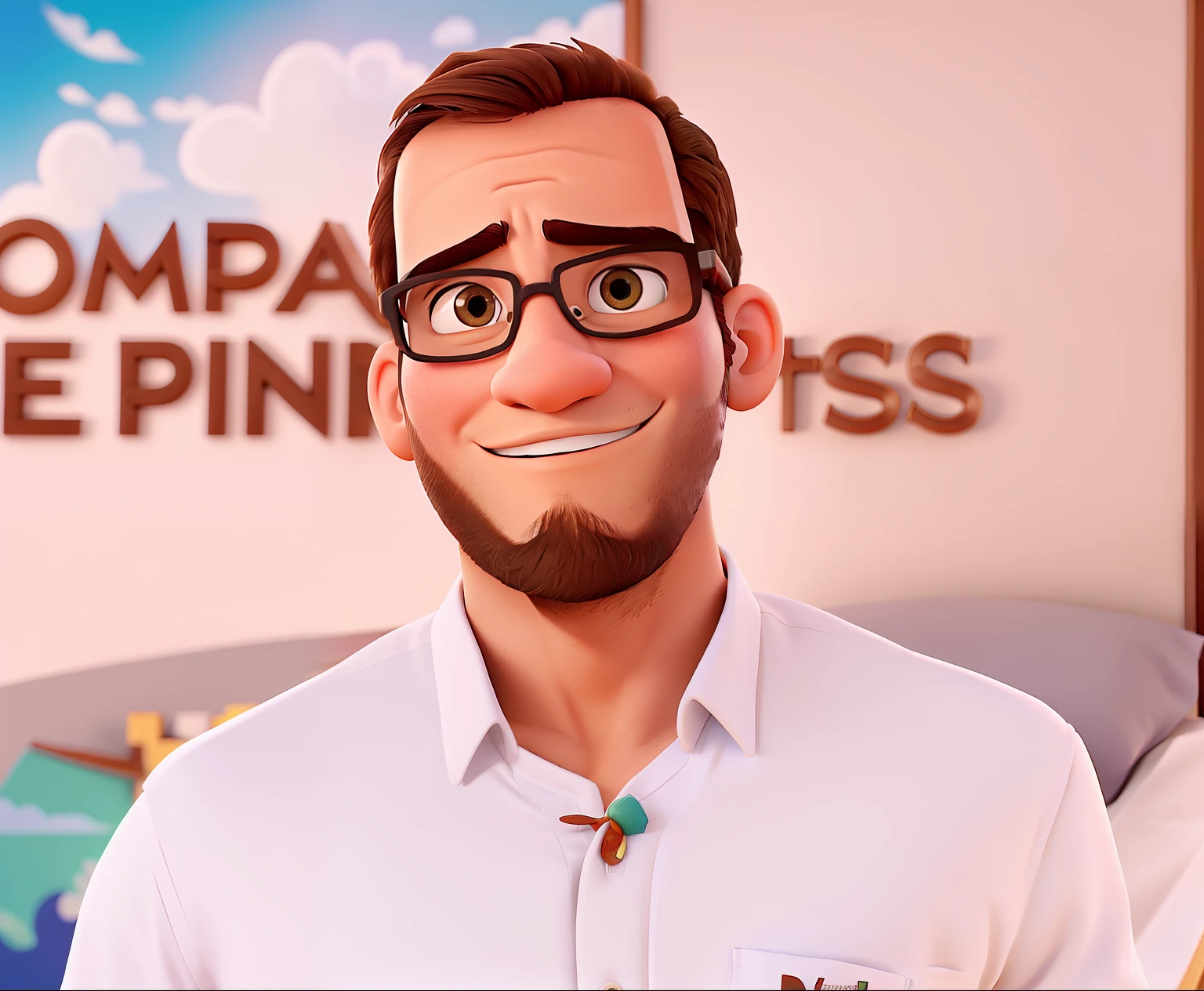 Poster no estilo Disney pixar, alta qualidade, melhor qualidade, homem jovem, branco, with glasses, 20 anos, sem cabelo, barba castanha, usando uma camisa branca