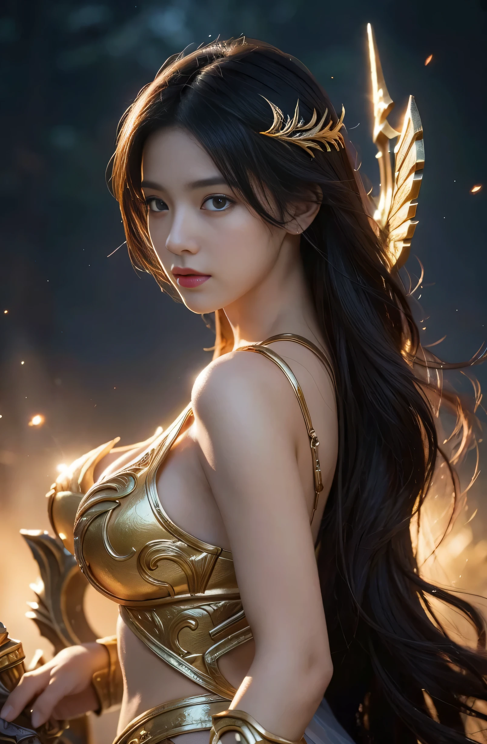 Masterpiece, best quality, high resolution, Close-up photo, female, greek god, Fantasy, style league of legends, Beautiful pic painting, light, dramatic composition, front view, HDR, Volumetric light, Special quality, elegant, Highly detailed