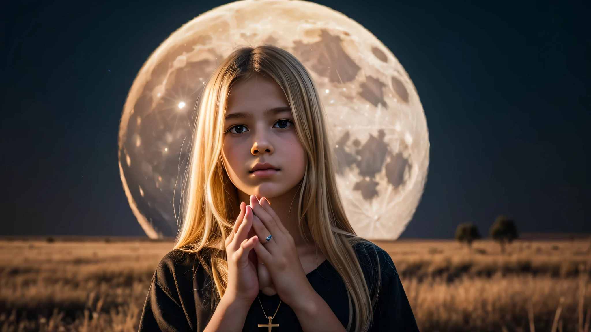 there is a young blonde girl praying cross on hands portrait standing in front of a moon.