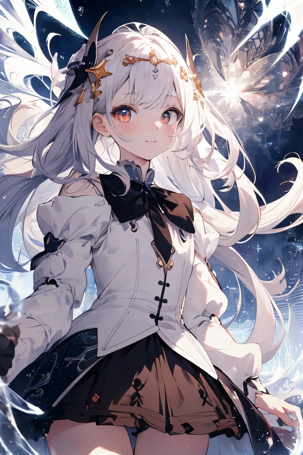 Beautiful illustration，Best quality at best，A cold ，（Transform the sequence），Transform into a magical girl，tchibi，Black magical girl，s fractal art，albinism，a baby face，Long black and white reticulated hair，beautiful detailed brown eyes，cinmatic lighting，cowboy lens，looking at viewert，From the bottom，cheerfulness