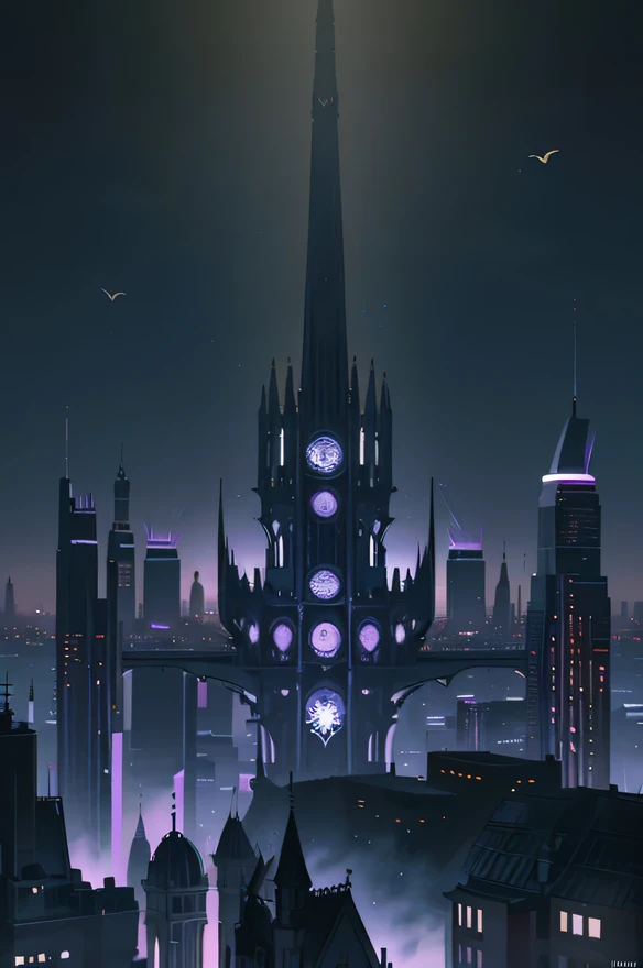 modern city, fantasy city, dark, night, flying building, tall building, historical