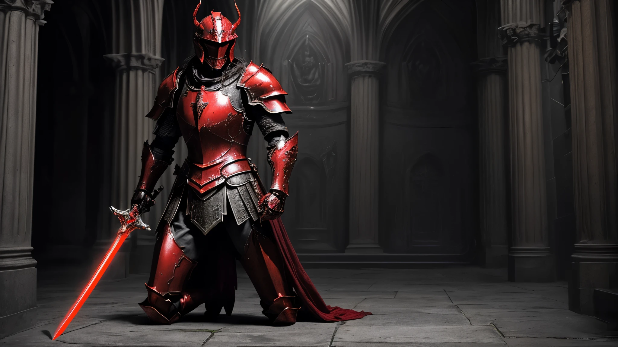 (Best quality,4K,8K,A high resolution,Masterpiece:1.2),Ultra-detailed,(Realistic,Photorealistic,photo-realistic:1.37),A sword-wielding demon armor warrior stood in the hall, Full body portrait of the mysterious knight, Wearing heavy armor,A sacred warrior wielding a legendary sword, Mythical warriors in full-body armor, A golden knight with divine armor, The helmet is decorated with the devil's horns, The eyes glow blood-red, Concept art for glorious figures, Crimson Armor Knight, Epic Paladin armor, Holy medieval knight, Kneel on one knee, Blades embedded in the earth, submission, Full body shot.