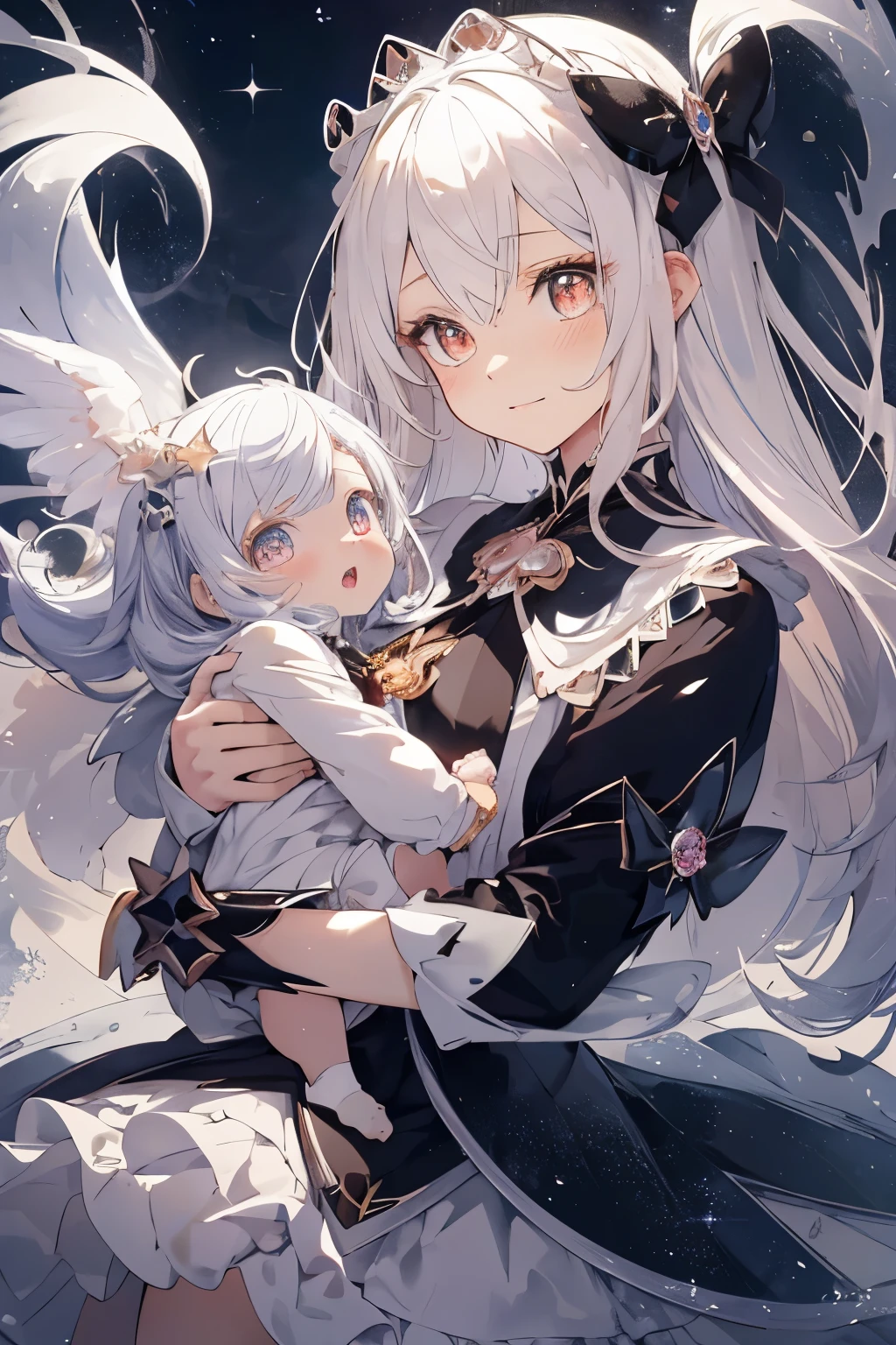 Beautiful illustration,Best quality at best,A cold ,(Transform the sequence),Transform into a magical girl,tchibi,Black magical girl,s fractal art,albinism,a ,Long black and white reticulated hair,beautiful detailed brown eyes,cinmatic lighting,cowboy lens,looking at viewert,From the bottom,cheerfulness