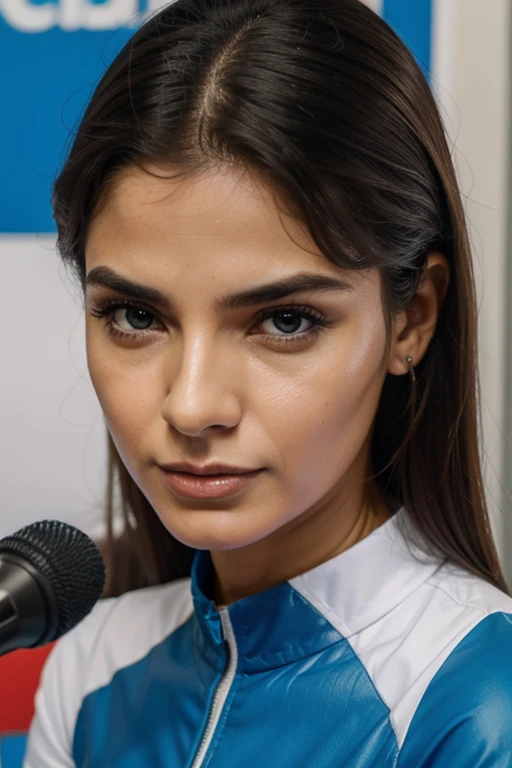 ela de copro inteiro de biquini azul e gesticulando como se tivesse falando gozando