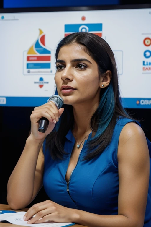 ela de copro inteiro de biquini azul e gesticulando como se tivesse falando gozando