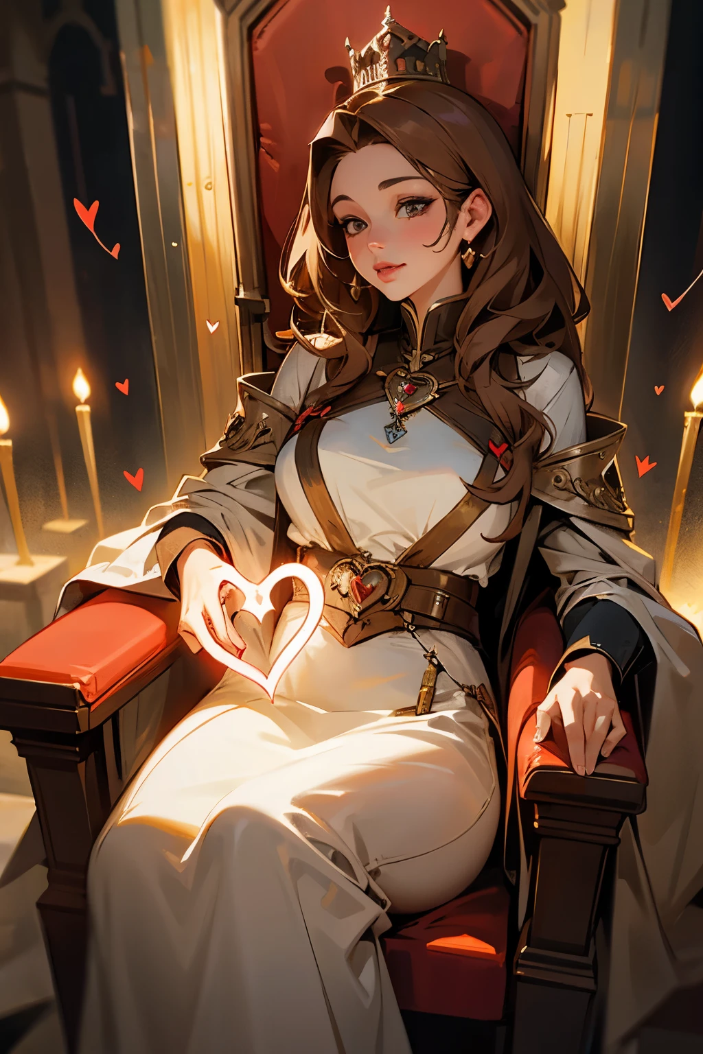 mature female,  light brown hair, lips, throne, heartbeat, heart mark