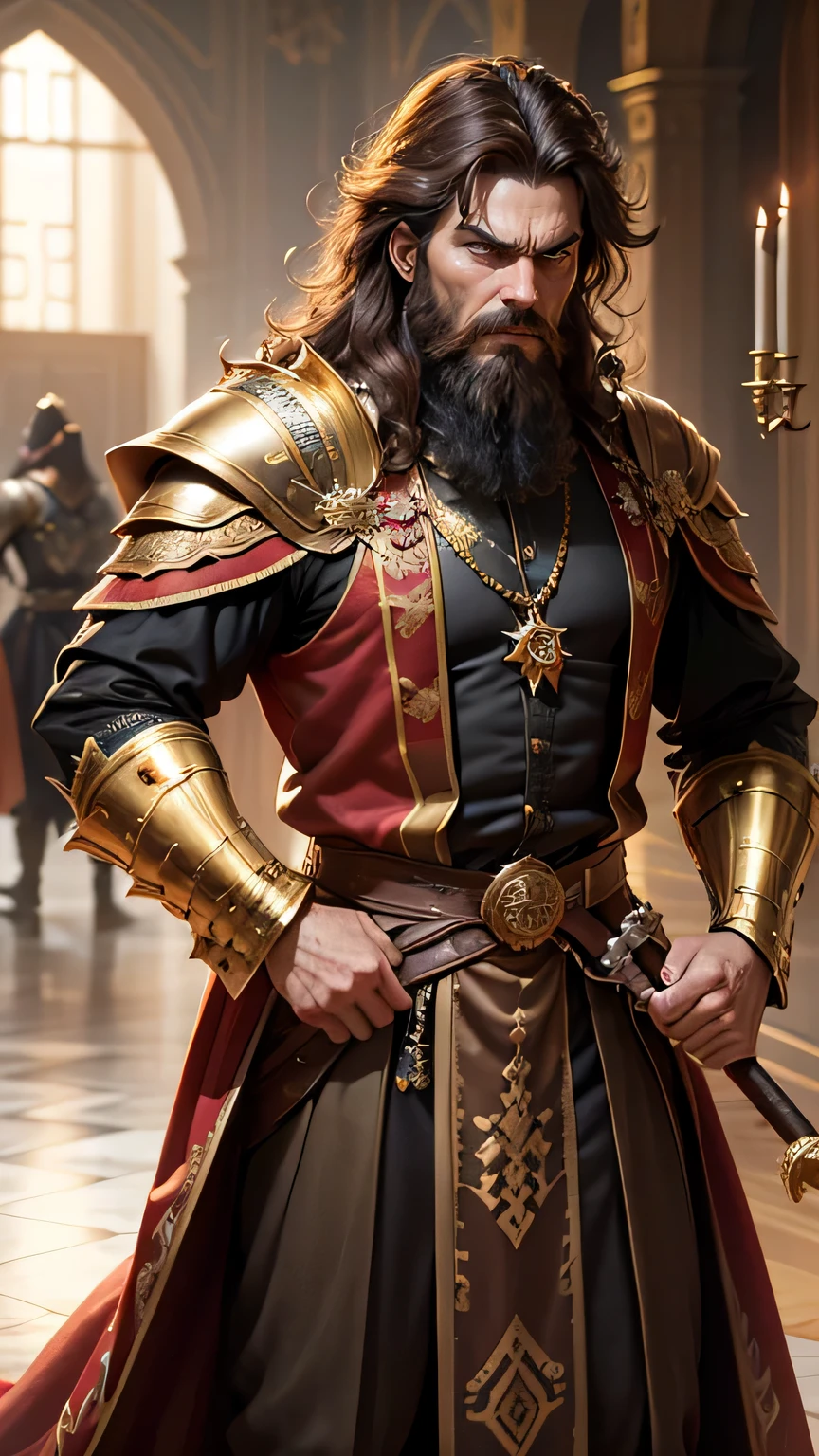 There is a king in the Palace, amazing, angry, roar, holding a golden staff, luxurious royal Palace, volumetric lighting, 8K resolution, realistic, ultra high definition, rich detailed background, medium length dark brown hair, messy hair, full beard, wearing gorgeous royal armor, angry expression, 16th century Russia, Palace, (((background: Fallen princess)))